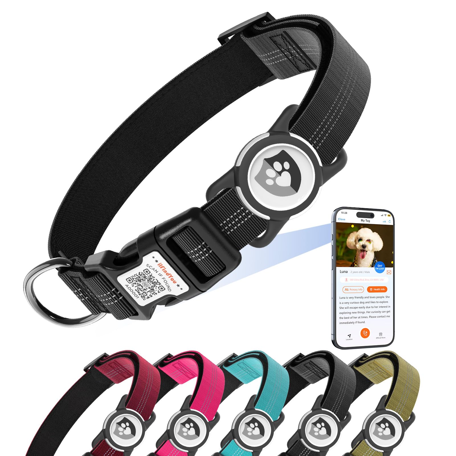 Ilfindyou Reflective Dog Collar With Airtag Holder For Medium Dogs Soft Nylon Black Sized M