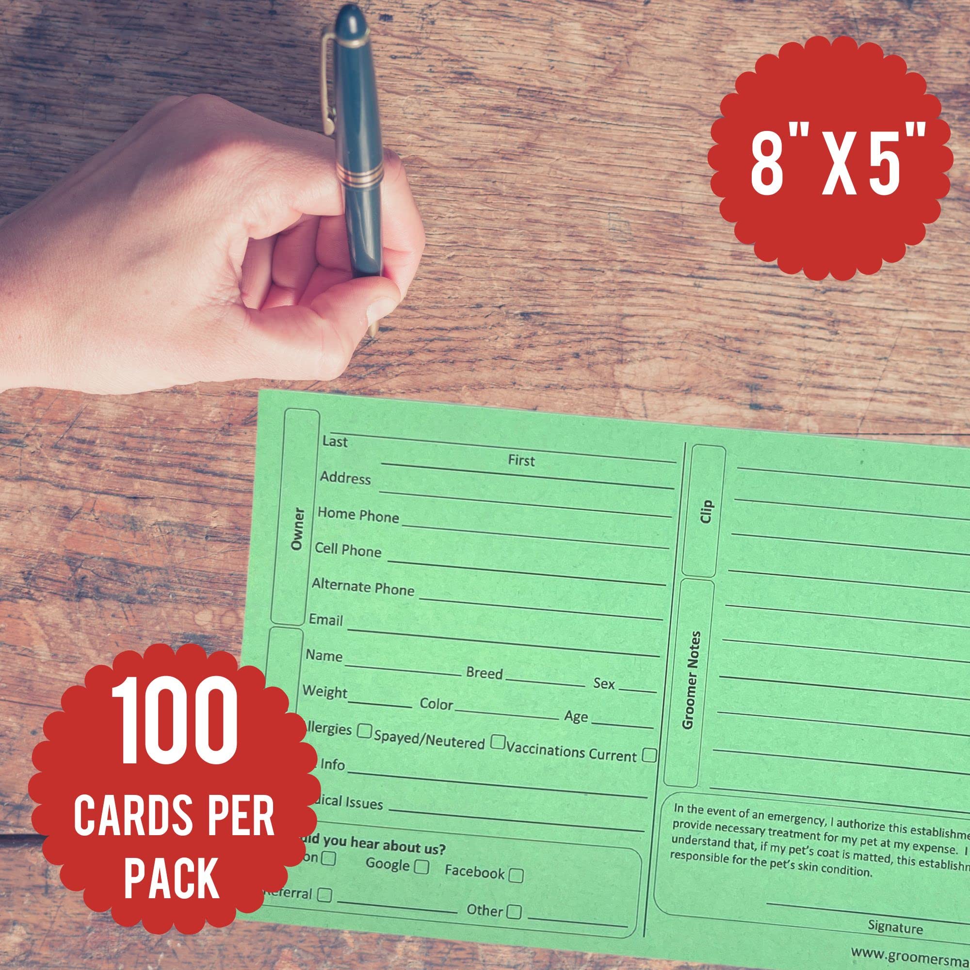 Groomers Margins Green Dog Grooming Cards 5x8 Inch (100 Pack) for Veterinarians, Pet Kennels, and Cat Grooming