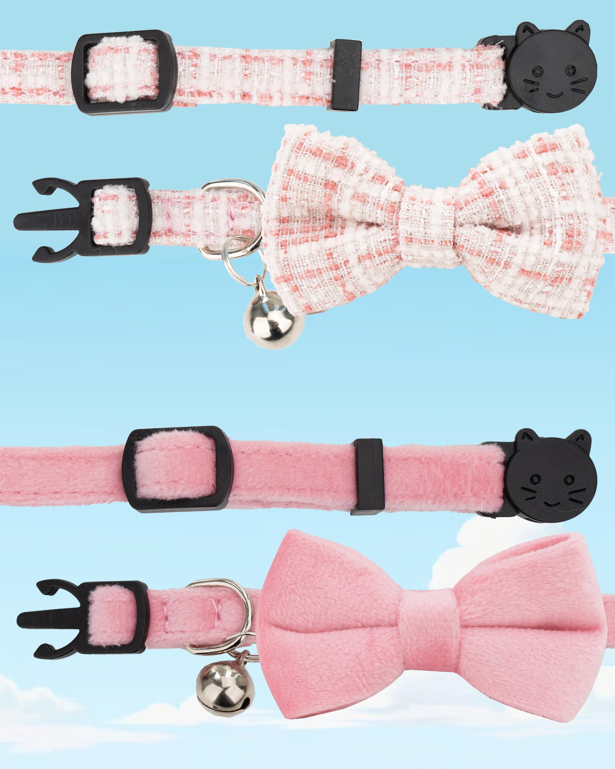Gyapet Cat Collar Breakaway With Bell Boy Girl Kitten Bow Tie Safety Plaid Solid Color Set Cute Soft Summer B-[2Pcs] Pink