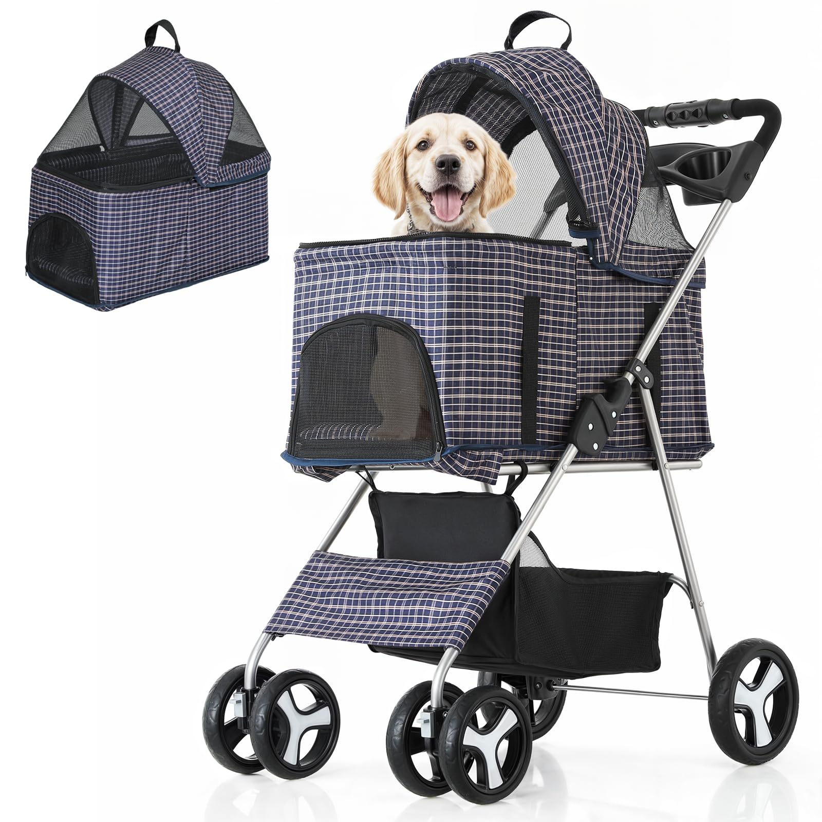 Monibloom 3 In 1 Foldable Pet Stroller For Small & Medium Dogs, Detachable Carrier, Car Seat, Push Button Entry, 4-Wheel Jogger 