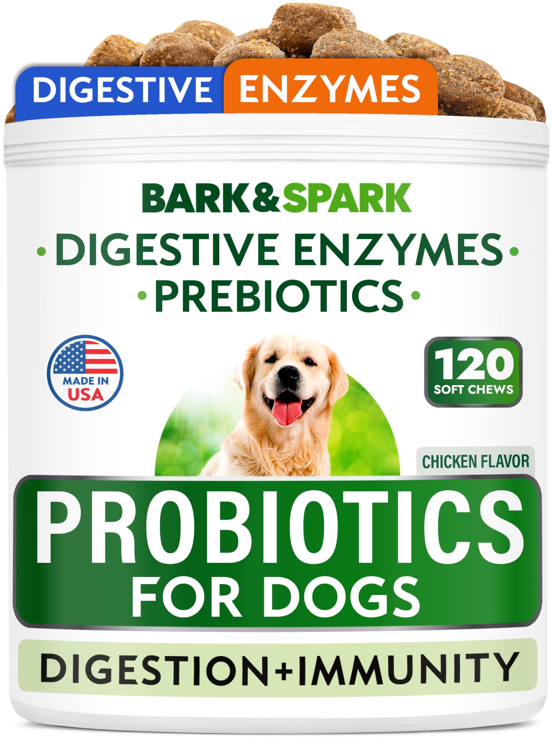 Bark&Spark Dog Probiotics & Digestive Enzymes (Gut Health) Allergy & Itchy Skin - Pet Diarrhea Gas Treatment Upset Stomach Relie