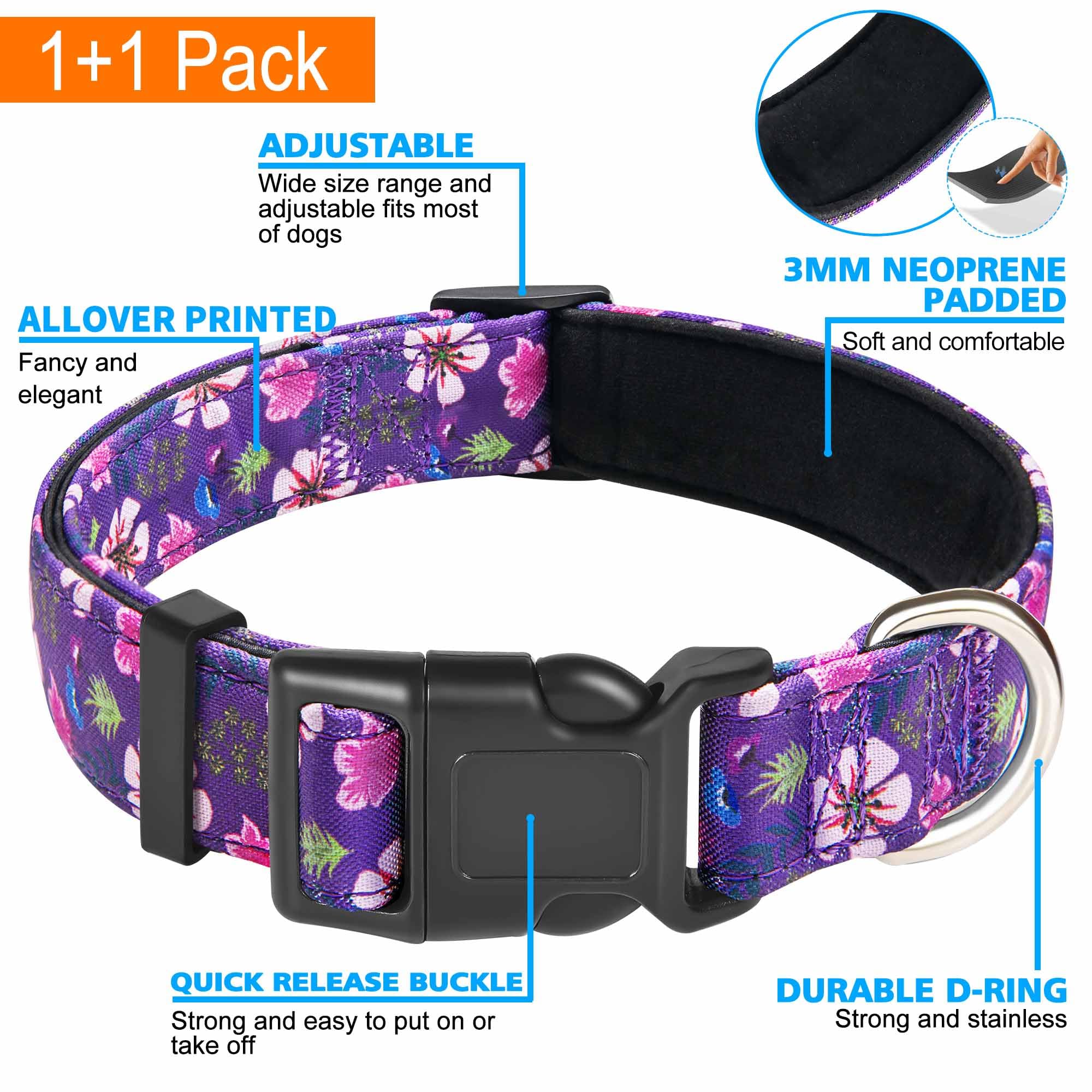 Ladoogo Reflective Dog Collar Padded With Soft Neoprene Breathable Adjustable Nylon Dog Collars For Small Medium Large Dogs (X-Small (Pack Of 1), Purple/Pink Floral Collar+Leash)