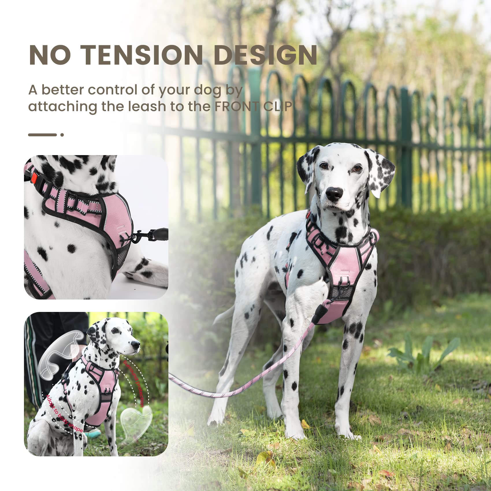 FURRYFECTION XL No Pull Dog Harness, Reflective Vest, Adjustable, Soft Padded, Front Lead, Leash, Seat Belt, Pink