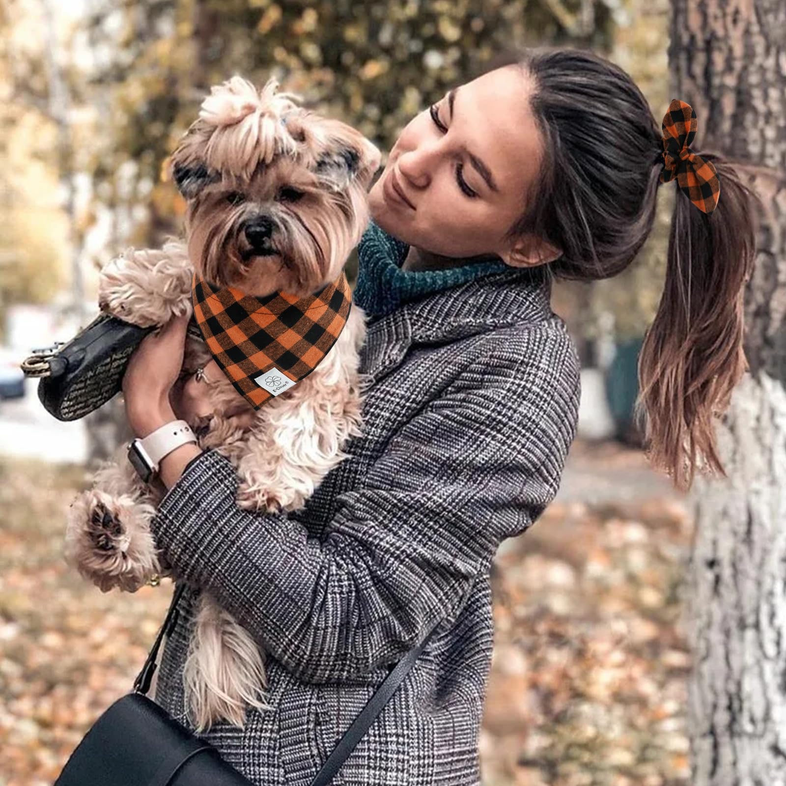 E-Clover Fall Dog Collar-Plaid Dog Collar Bandana & Matching Scrunchie Adjustable Dog Collars For Xs Small Dogs Puppy Owner Gift