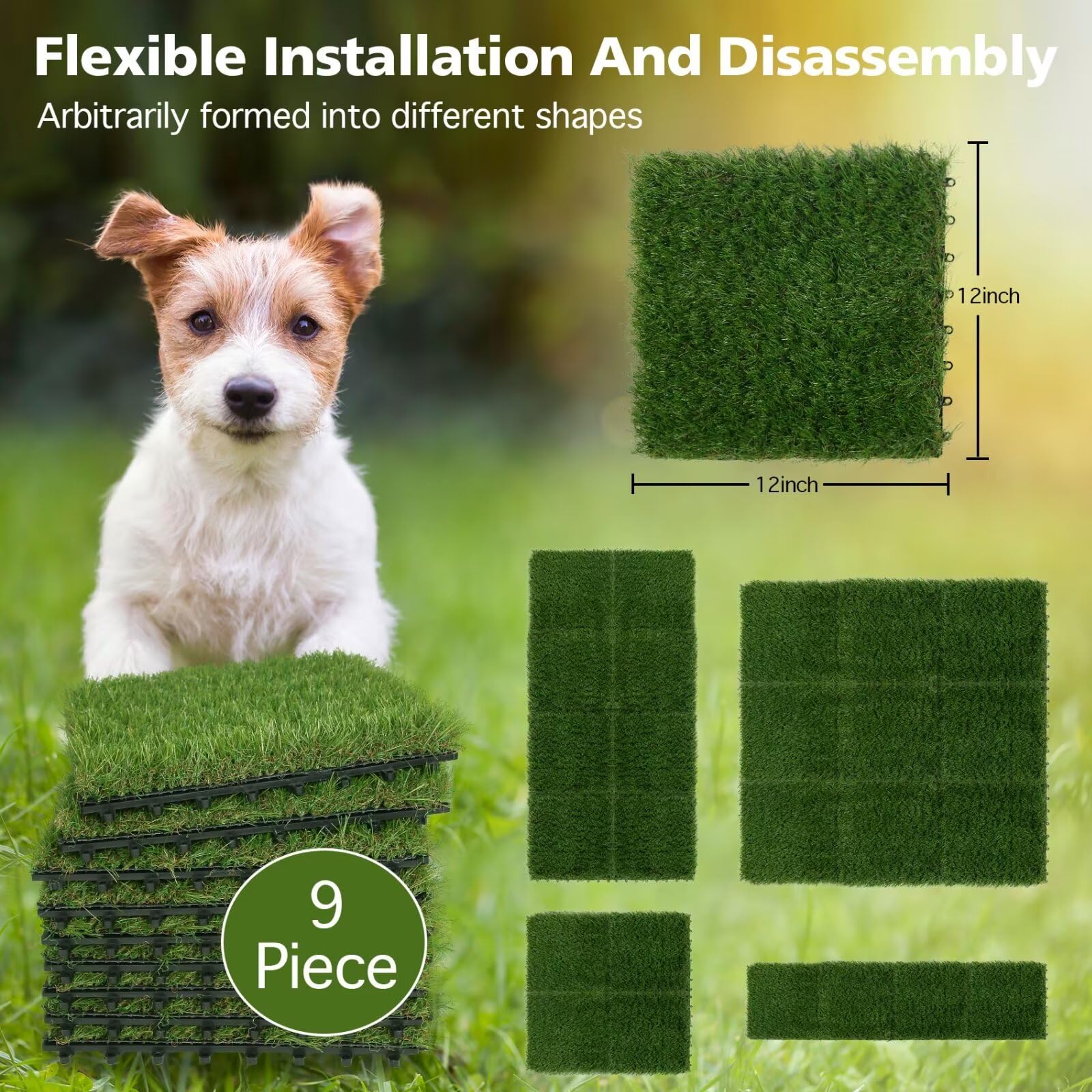 Xlx Turf Interlocking Dog Grass Potty Tile, Self Draining Fake Grass Pad For Puppy Tray, Pet Pee Mat Indoor Outdoor Use, 9 Pack