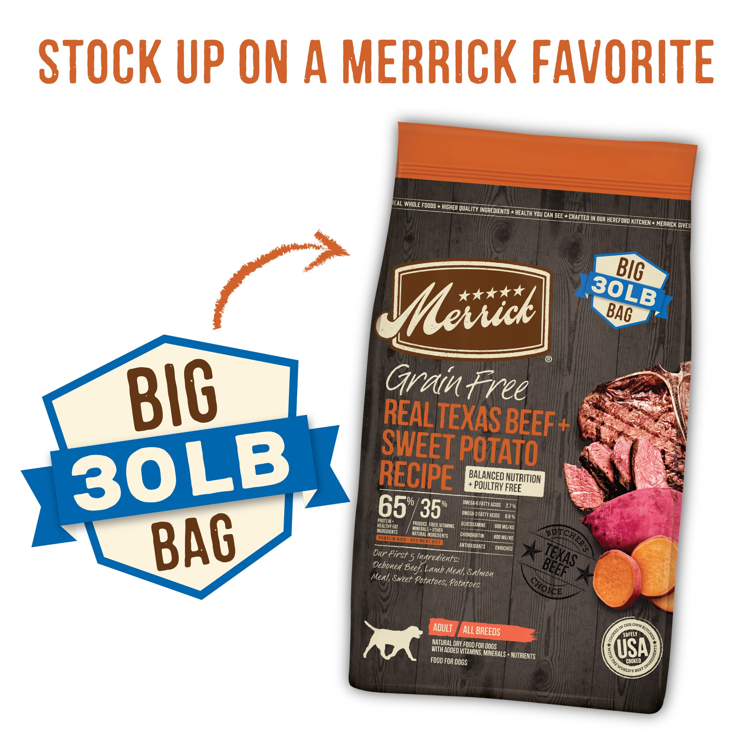 Merrick Premium Grain Free Dry Adult Dog Food, Wholesome And Natural Kibble, Real Texas Beef And Sweet Potato - 30.0 lb. Bag