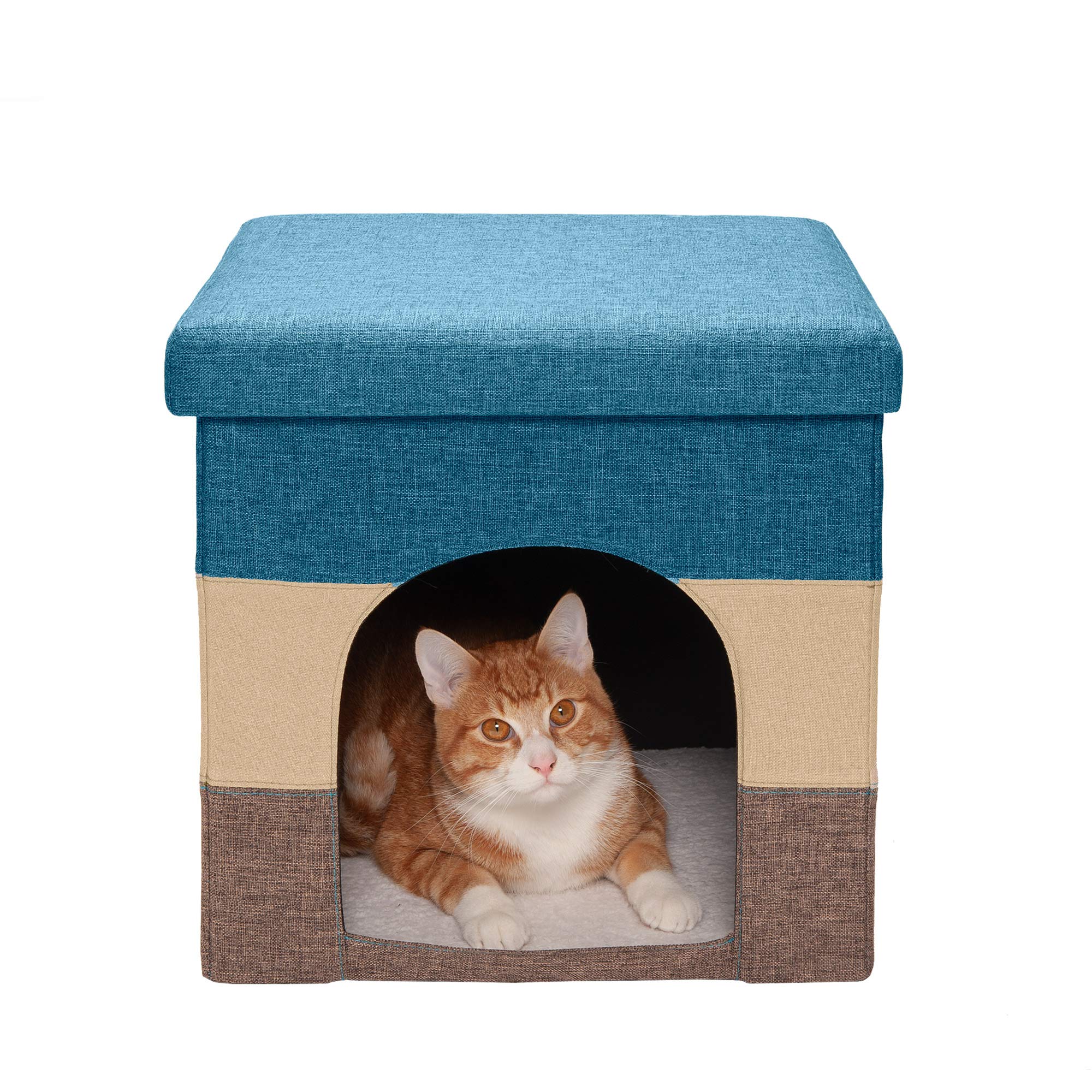 Furhaven Pet House for Indoor Cats & Small Dogs, Collapsible & Foldable w/ Plush Ball Toy - Living Room Footstool Cat Condo - Be
