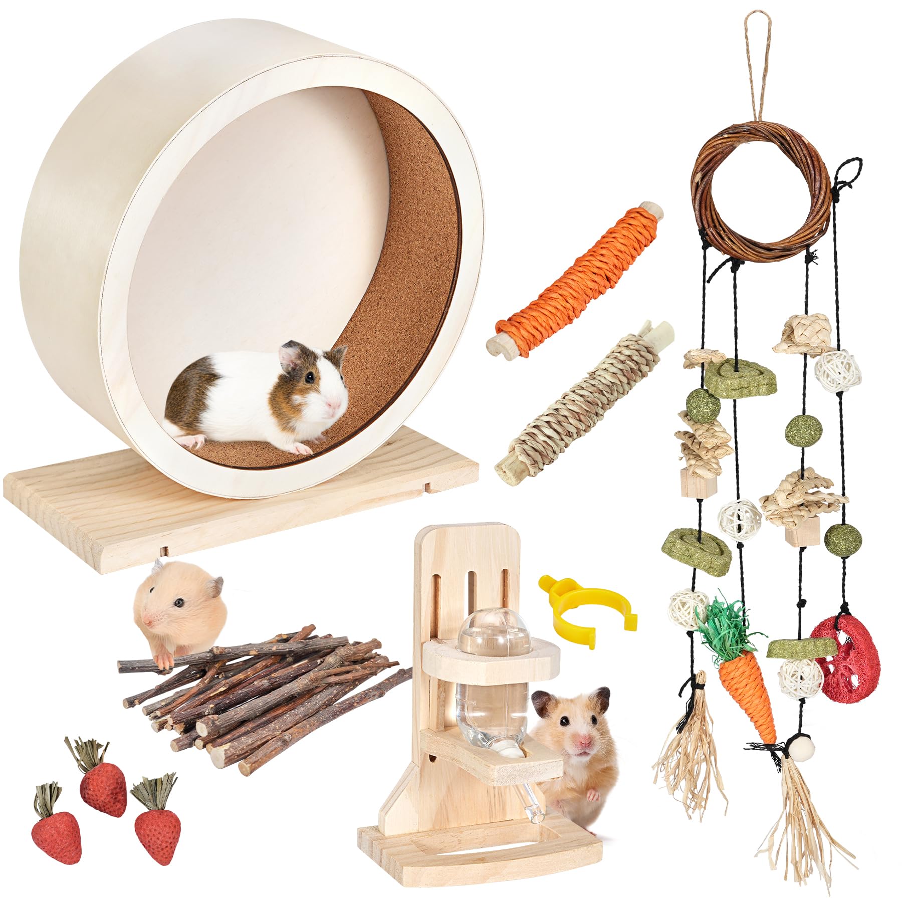 Antiai 9.8 Inch Wooden Hamster Exercise Wheel Set,Silent Wheel Quiet Spinner Hamster Running Wheels,Hamster Water Feeder Accesso