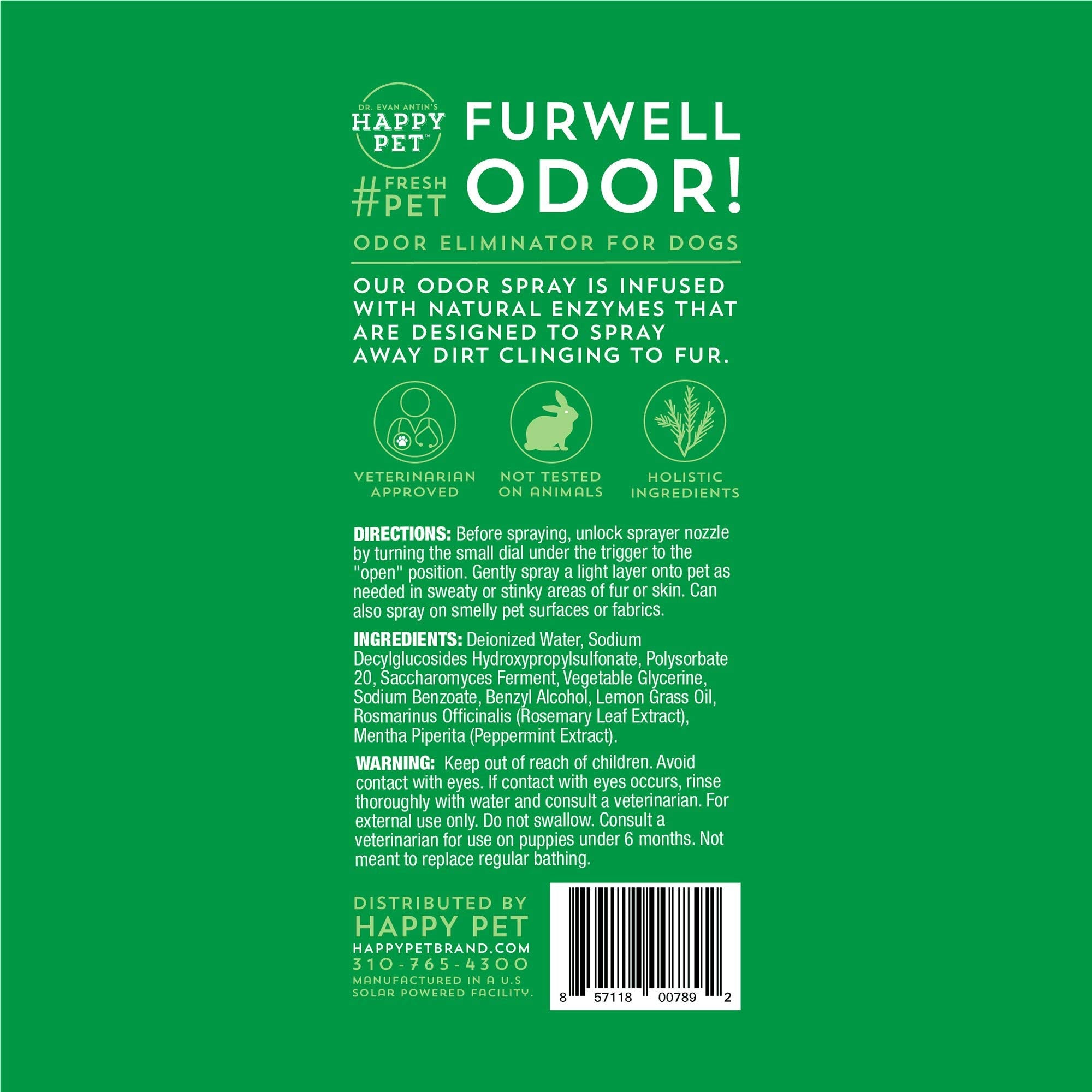 Happy Pet Furwell Odor Deodorizing Spray | Waterless, No Rinse Dog Spray | All Natural And Non-Toxic | Vet Formulated By Dr. Evan Antin | 8 Oz