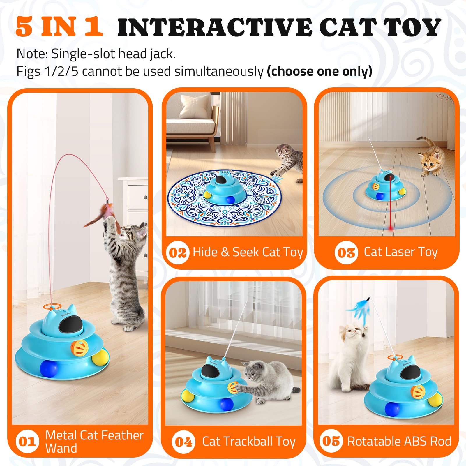 Interactive Cat Toy: 5 In 1 Automatic Cat Toy For Indoor Cats, Usb Rechargeable Hide And Seek Toy With Pvc Cover, Rotating Feath