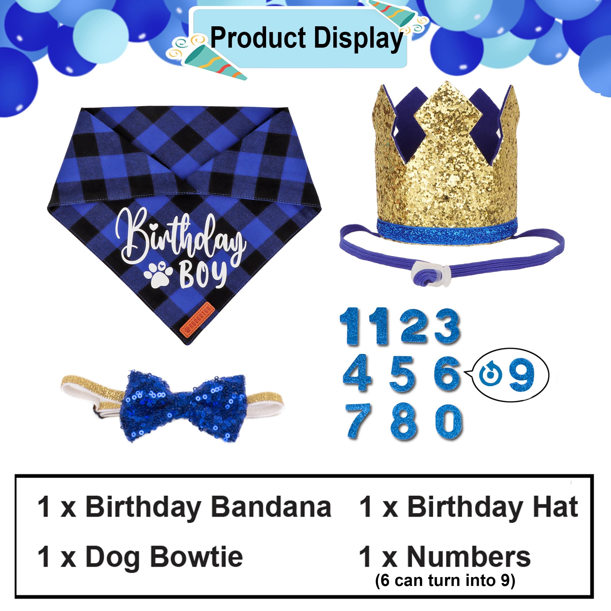 Adoggygo Dog Birthday Party Supplies, Blue Plaid Birthday Boy Dog Bandana, Golden Pet Party Hat With Numbers, Bowtie For Extra L