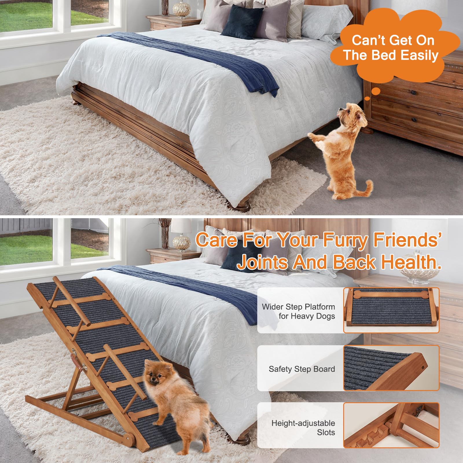 Wooden Dog Ramp For High Bed, 47.2'' Long Non-Slip Dog Ramp For Couch, 6 Adjustable Heights From 15.7'' To 28'' With Side Rails