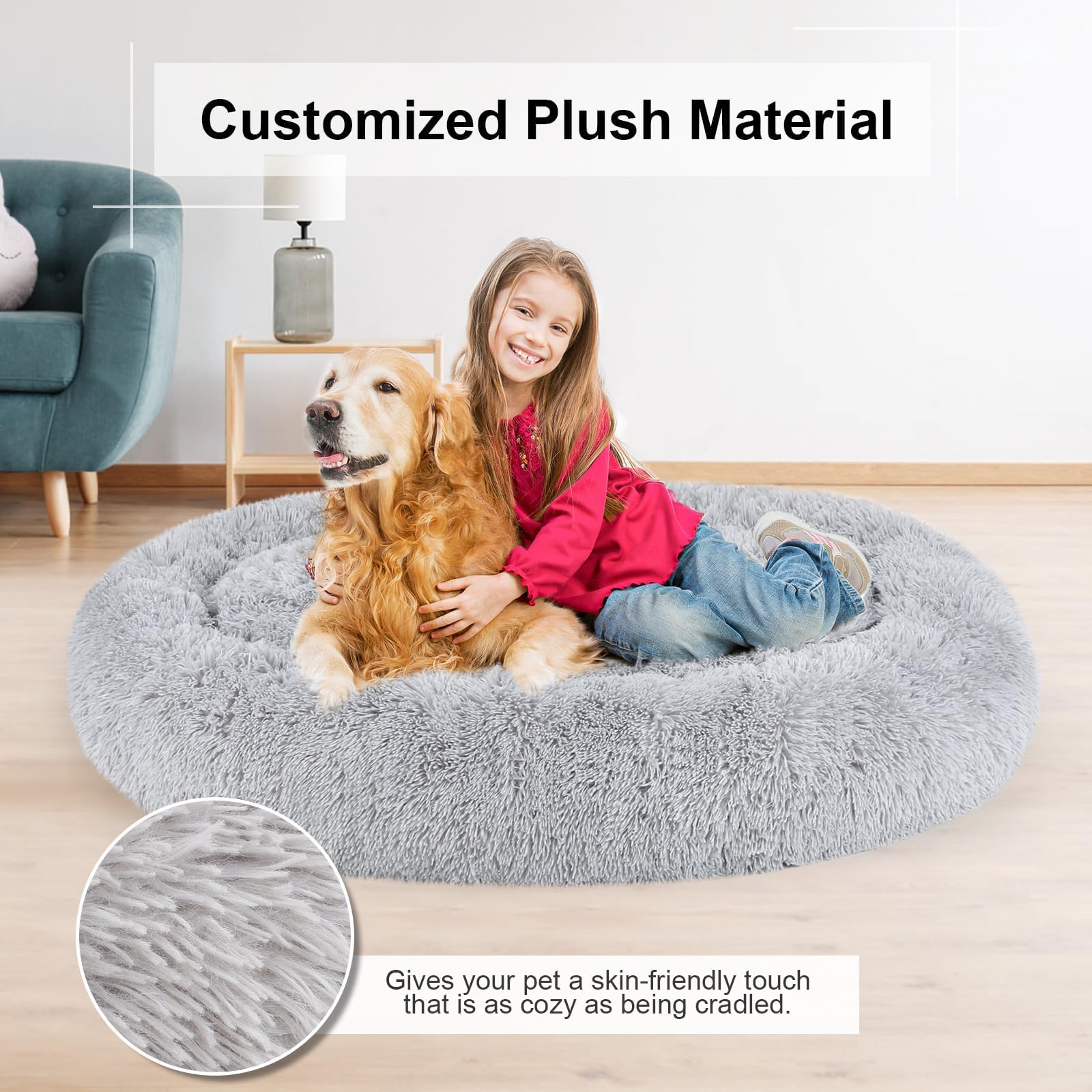 Dog Bed, Cat Calming Bed, Faux Fur Pillow Pet Donut Cuddler Round Plush Bed For Large Medium Small Dogs And Cats (Light Grey, 49