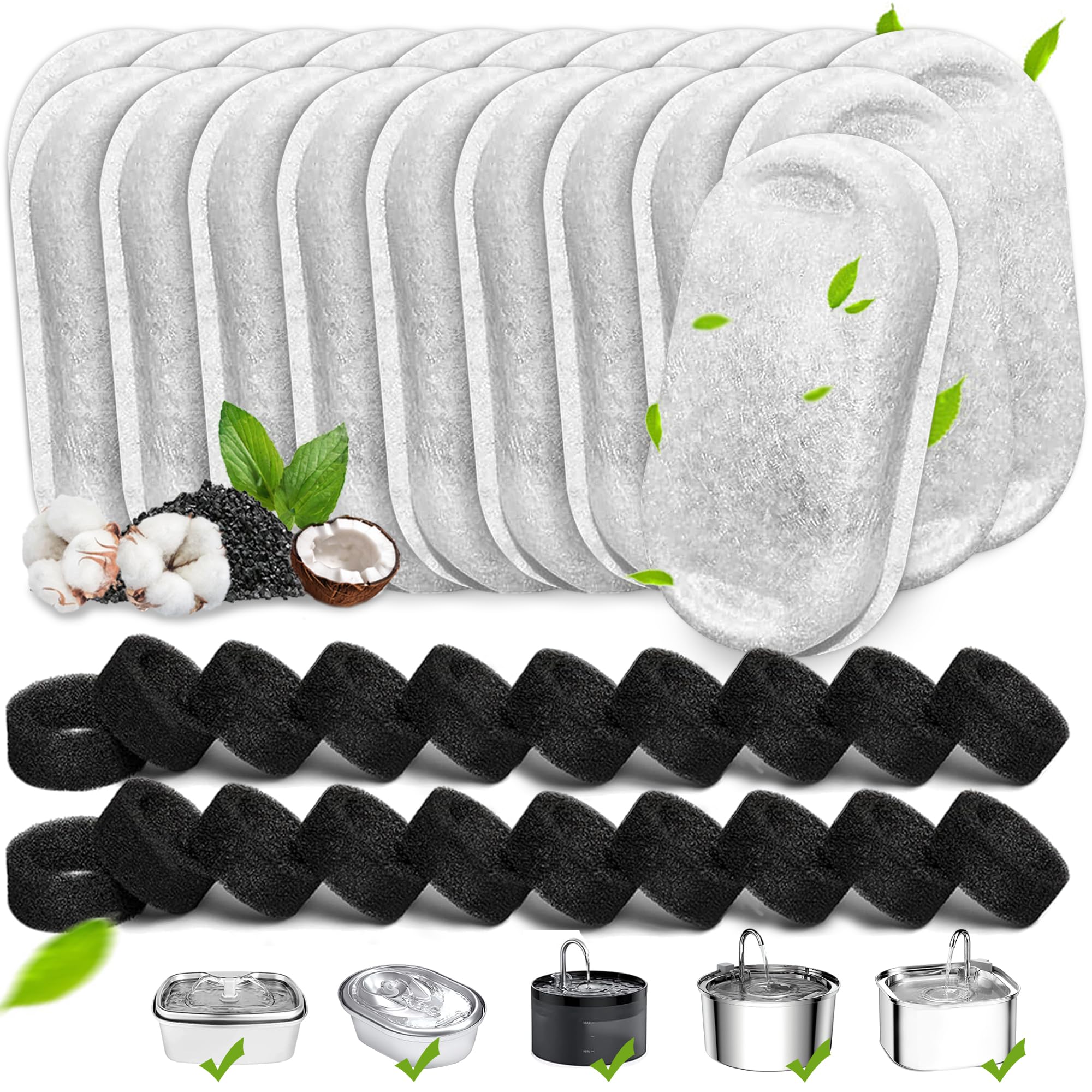 Cat Water Fountain Filters, 40 Pack Cat Fountain Replacement Filters For Stainless Steel 67Oz/2L& 108Oz/3.2L Adjustable Water Fl