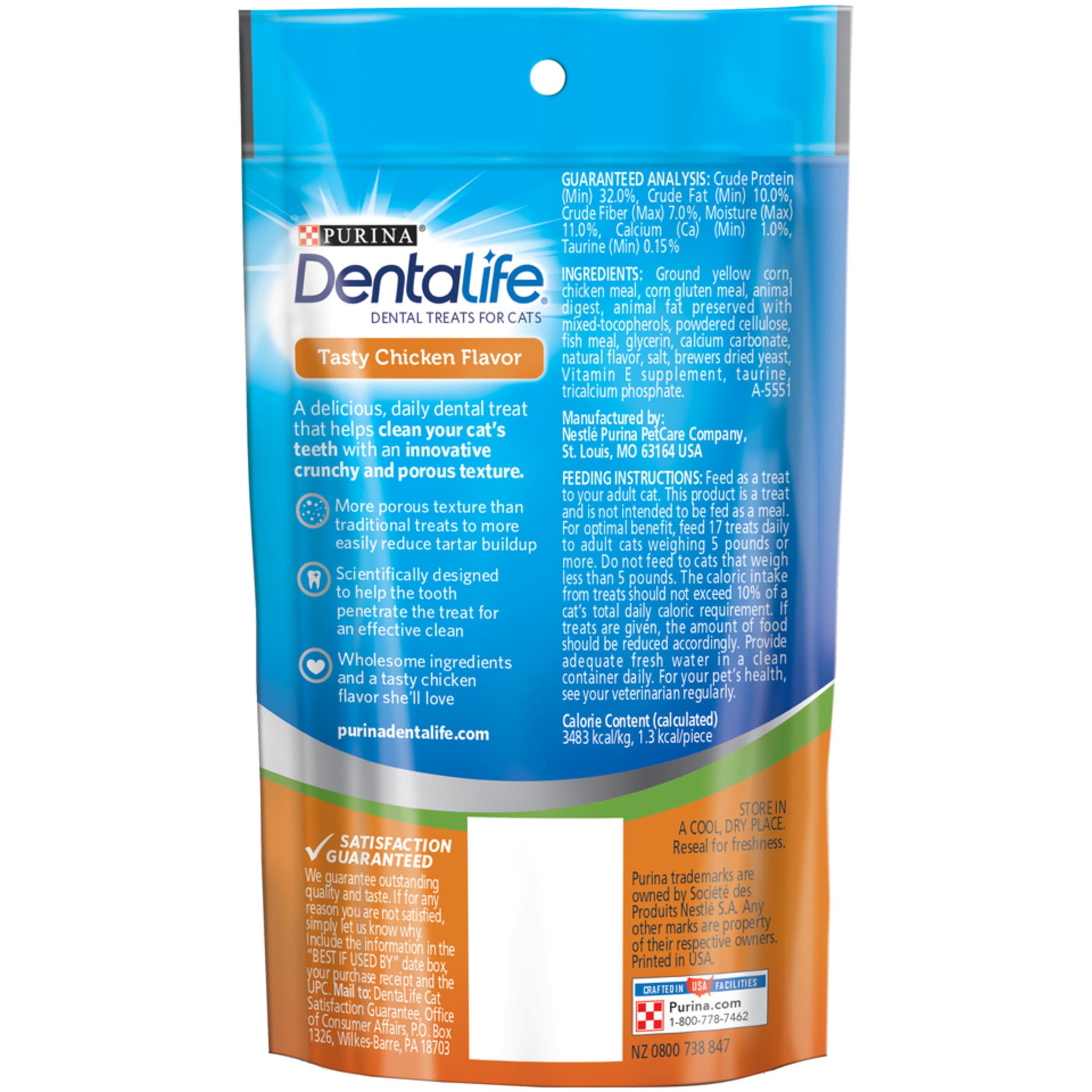 Purina DentaLife Made in USA Facilities Cat Dental Treats, Tasty Chicken Flavor - (10) 1.8 oz. Pouches