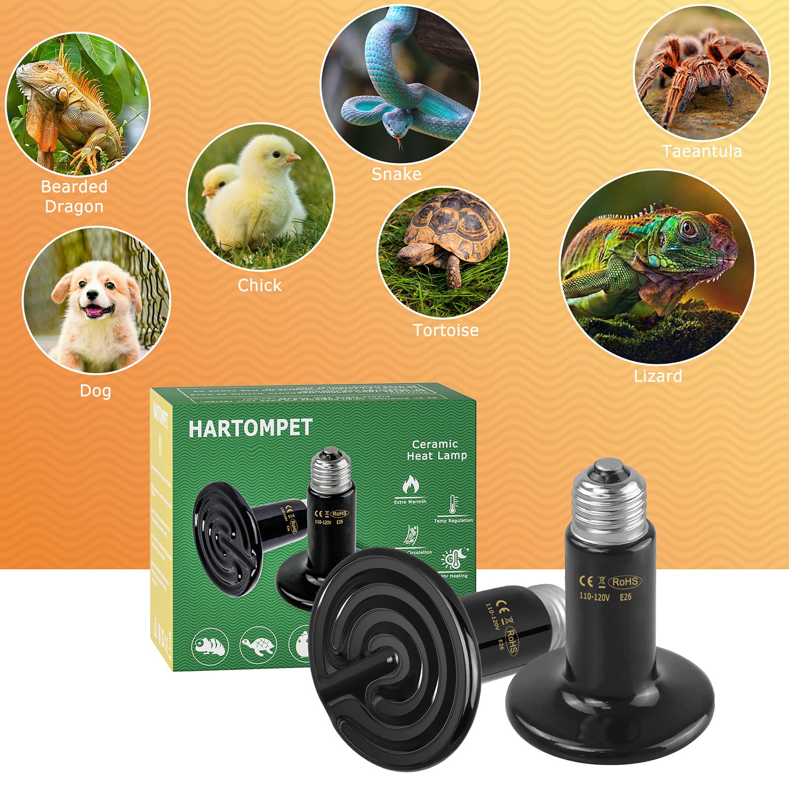 Hartompet 100W Ceramic Heat Emitter - Black Reptile Heat Bulb - No Light Infrared Reptile Heat Lamp For Lizards, Dogs, Cats - Id