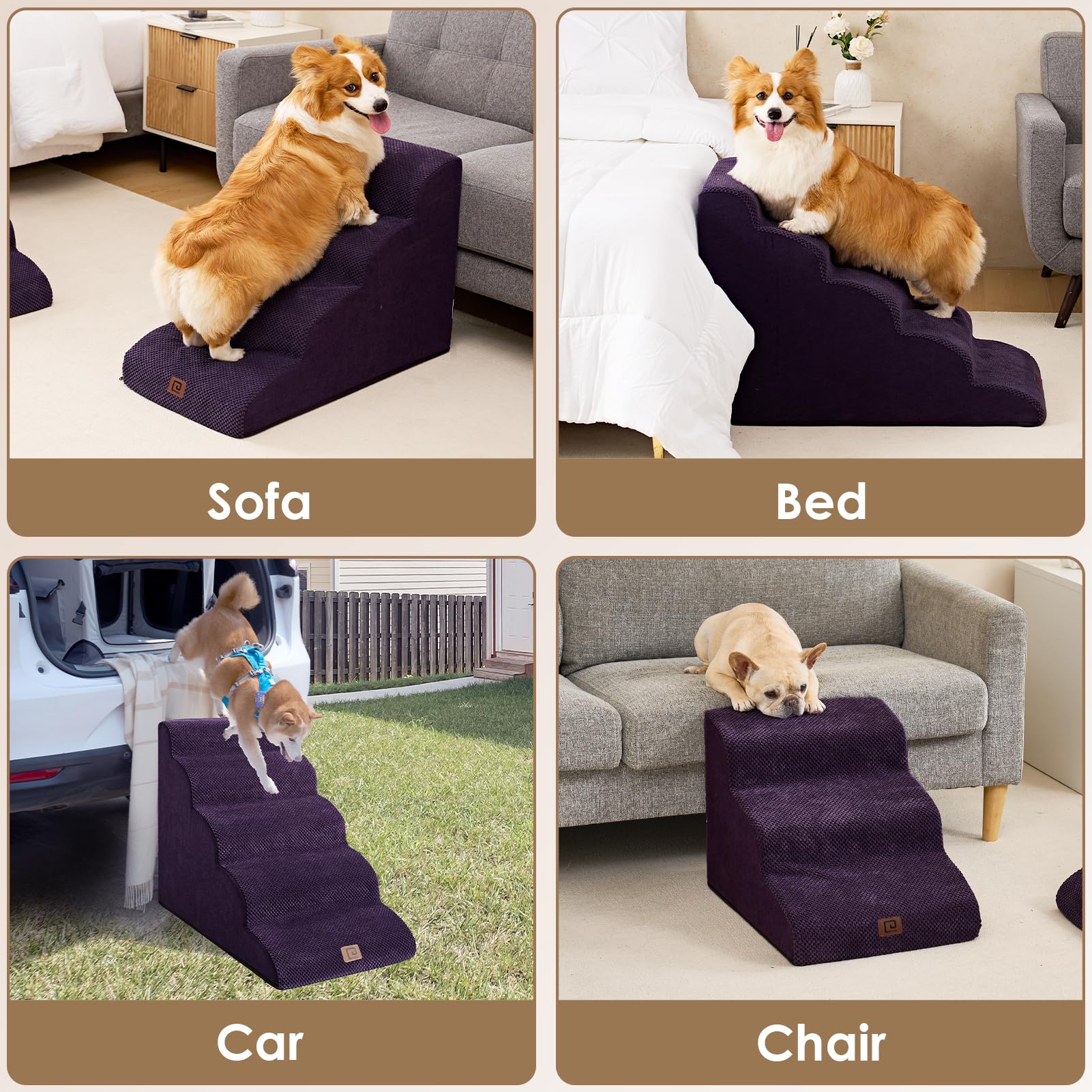 EHEYCIGA Curved Dog Stairs Ramp - 4-Step Pet Steps for High Beds, Non-Slip, Purple, 19.7" H, Model ECUS24PPT10FB
