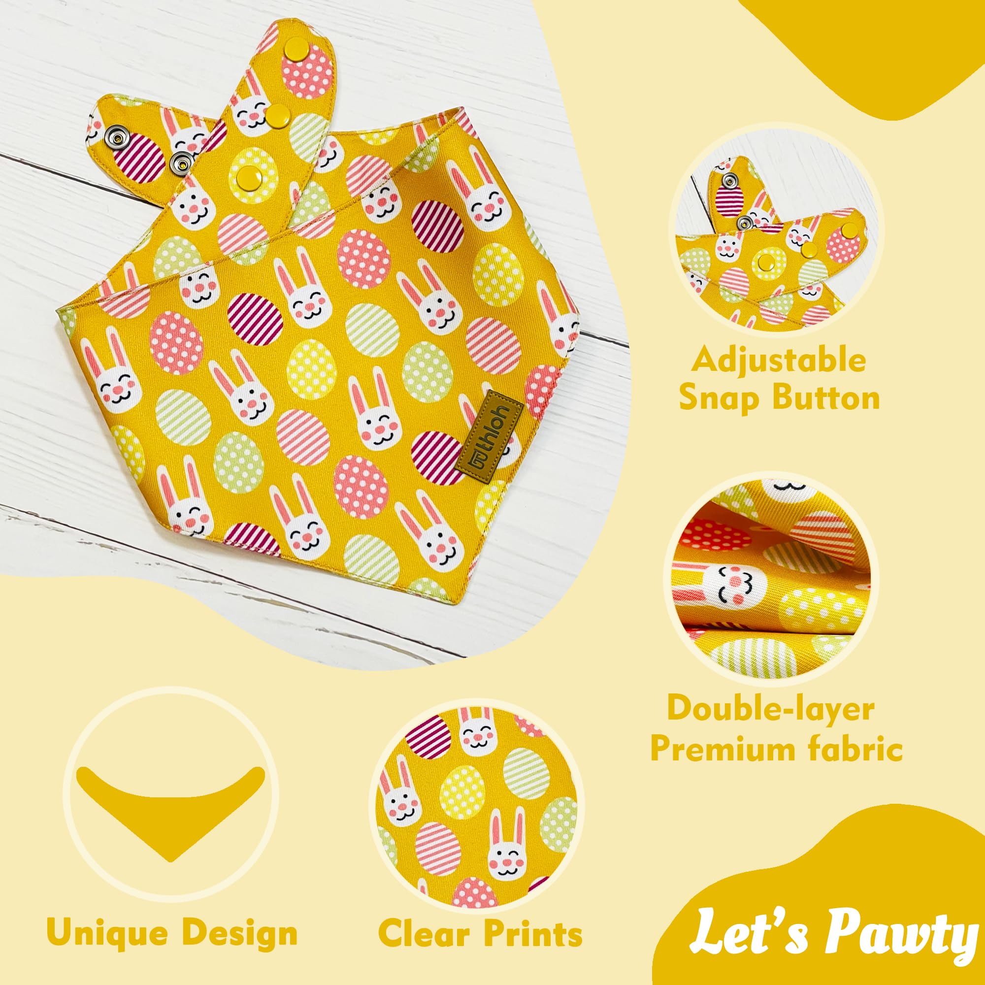 Thloh Easter Dog Bandanas With Snap Button, 2 Pack Reversible Spring Bandana For Boy & Girl, Premium Durable Fabric, Bunny And E