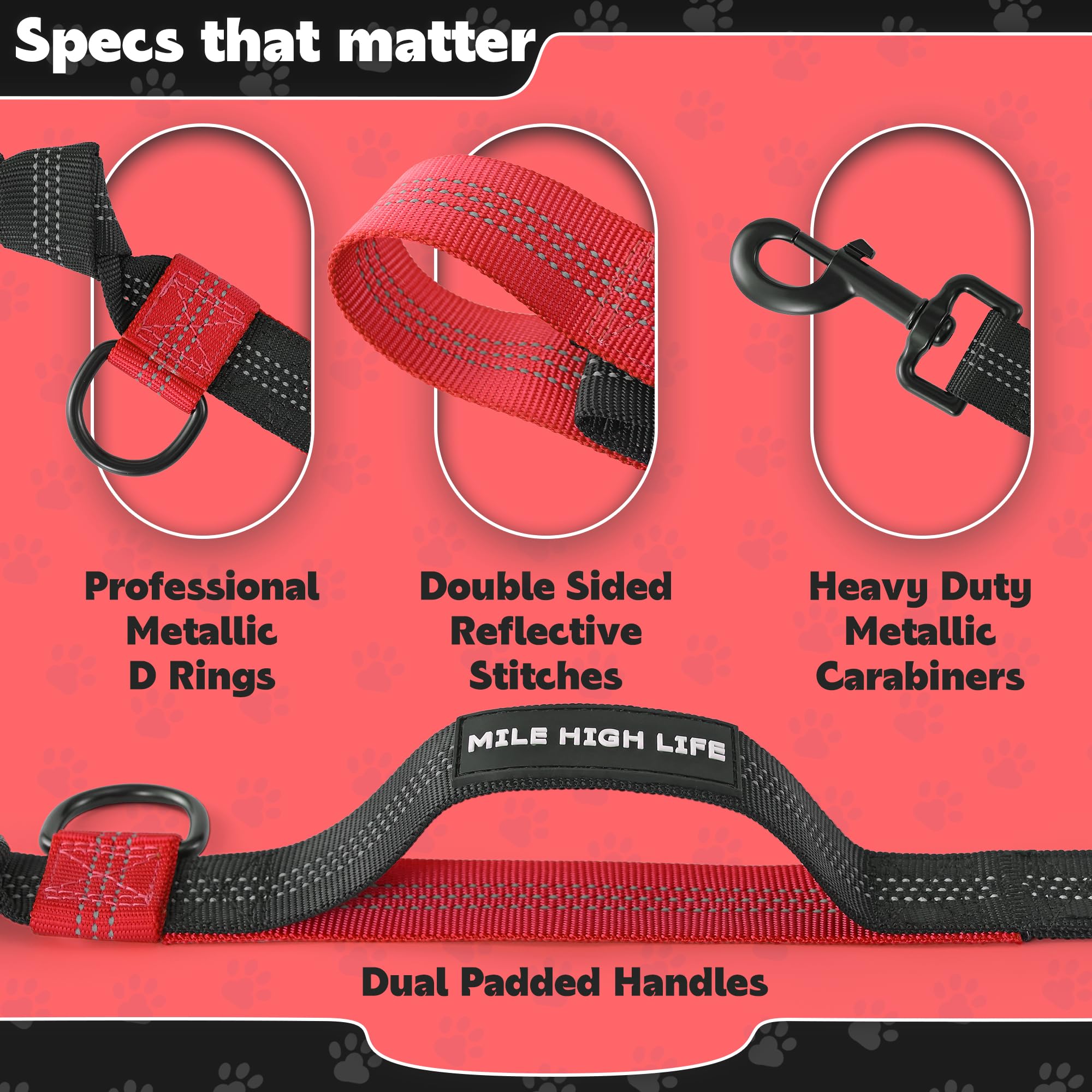 Mile High Life | Retractable Hands Free Dog 7Ft Leash | Waist Running Adjustable | Reflective Dual Black Bungees | Dual Handles | Small Medium Large Dogs | (Red)