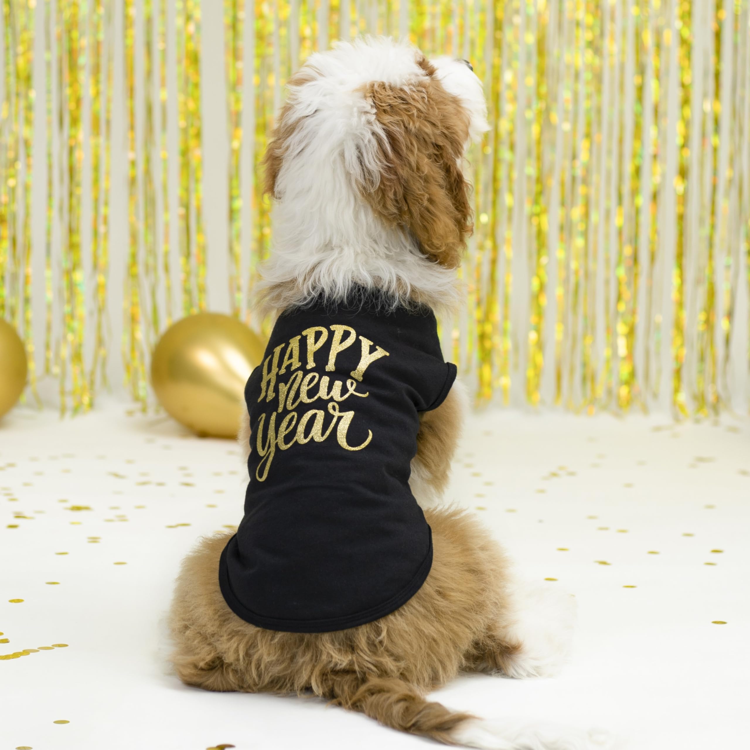 Fitwarm Happy New Year Dog Shirt, Holiday Dog Clothes For Small Dogs Boy Girl, Funny Pet Christmas Outfit, Black, Gold, Medium