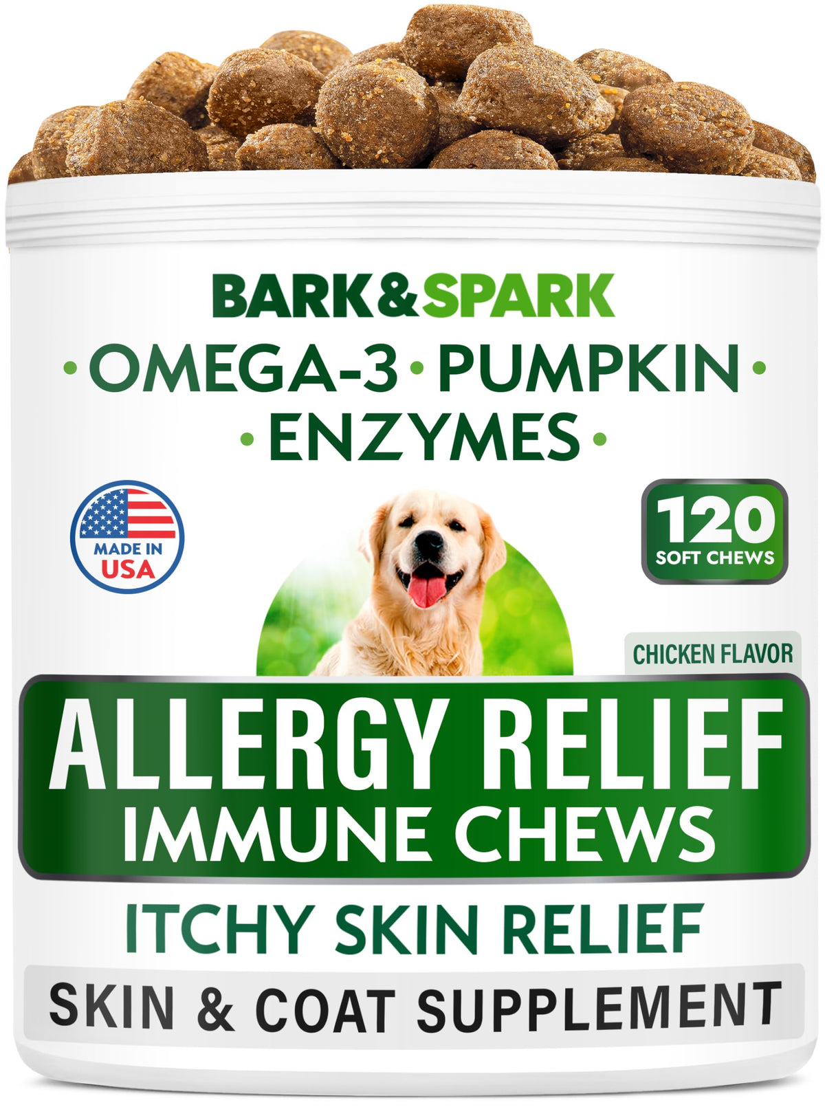 Bark&Spark Dog Allergy Relief Chews - Anti-Itch Skin & Coat Supplement - Omega 3 Fish Oil - Itchy Skin Relief Treatment Pills - 