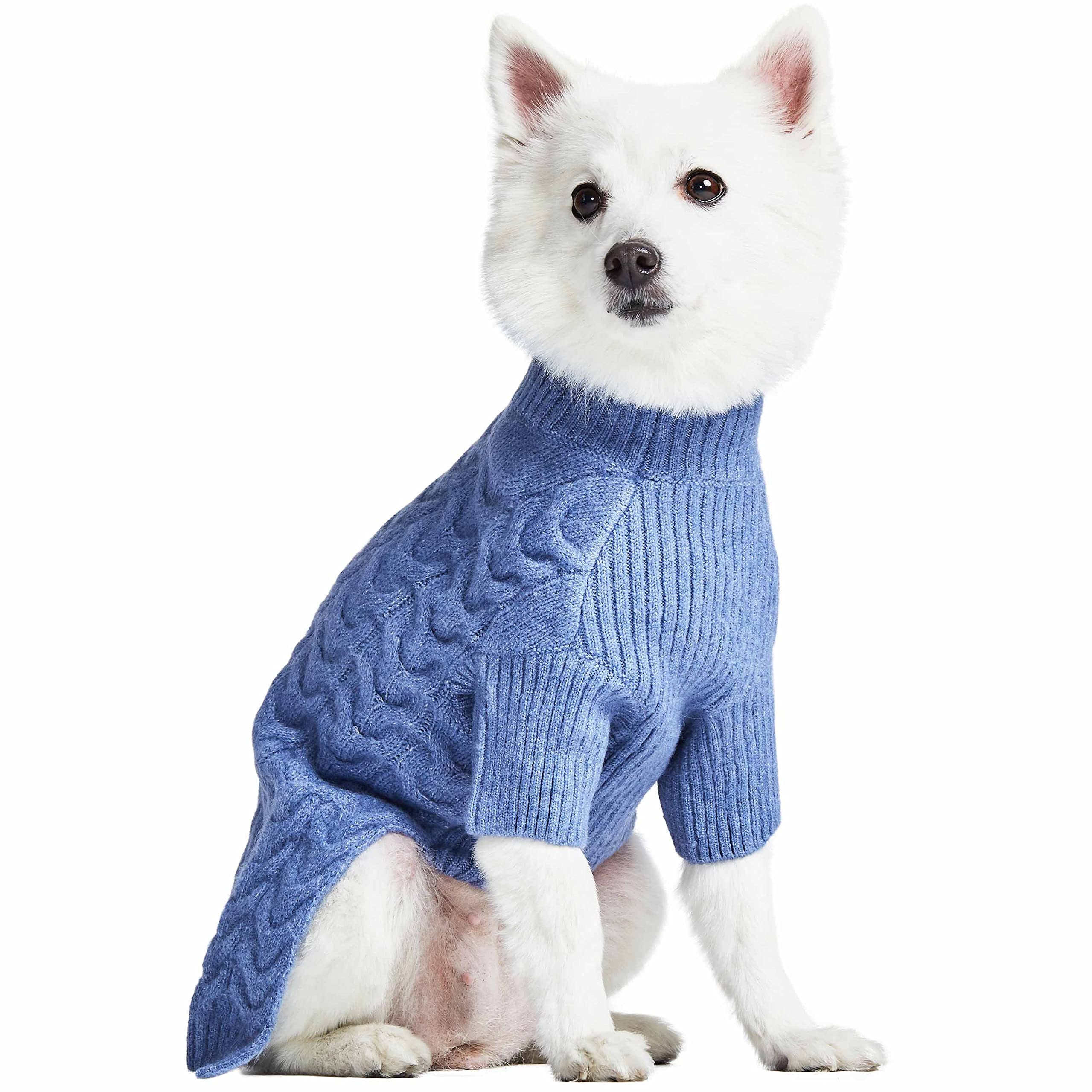 Blueberry Pet Classic Fuzzy Textured Knit Pullover Turtle-Neck Dog Sweater In Heather Blue, Back Length 16', Pack Of 1 Clothes For Dogs