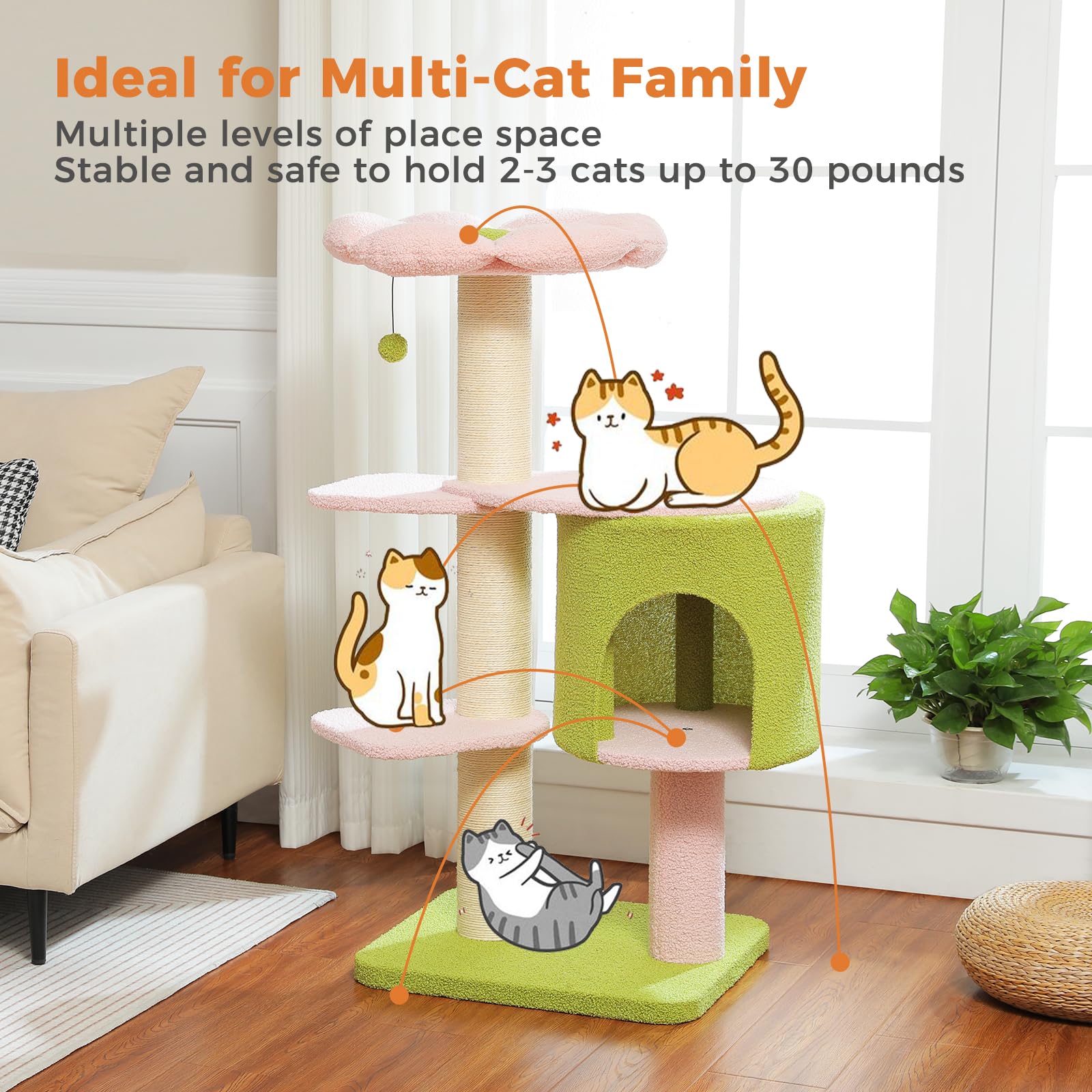 Uymi Flower 50-Inch Heavy-Duty Cat Tree For Large Cats - Sturdy Cat Tower With Extra-Thick Scratching Posts (F4.3), Spacious Con
