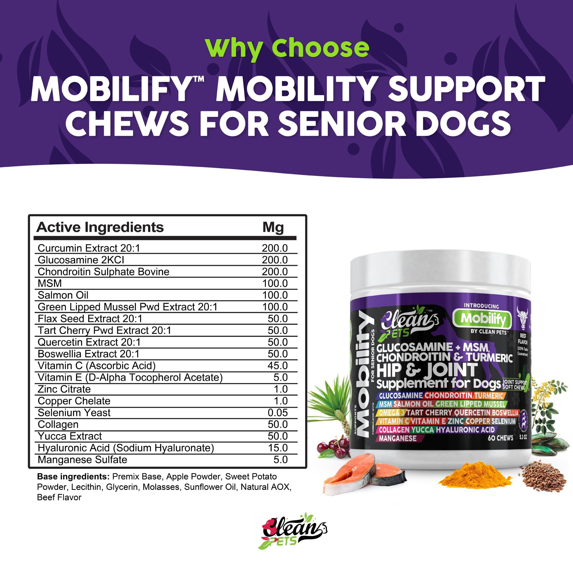 Clean Pets Hip and Joint Supplement Dogs with Glucosamine for Dogs + Chondroitin, Turmeric, Hyaluronic Acid, MSM, Salmon Oil, Co