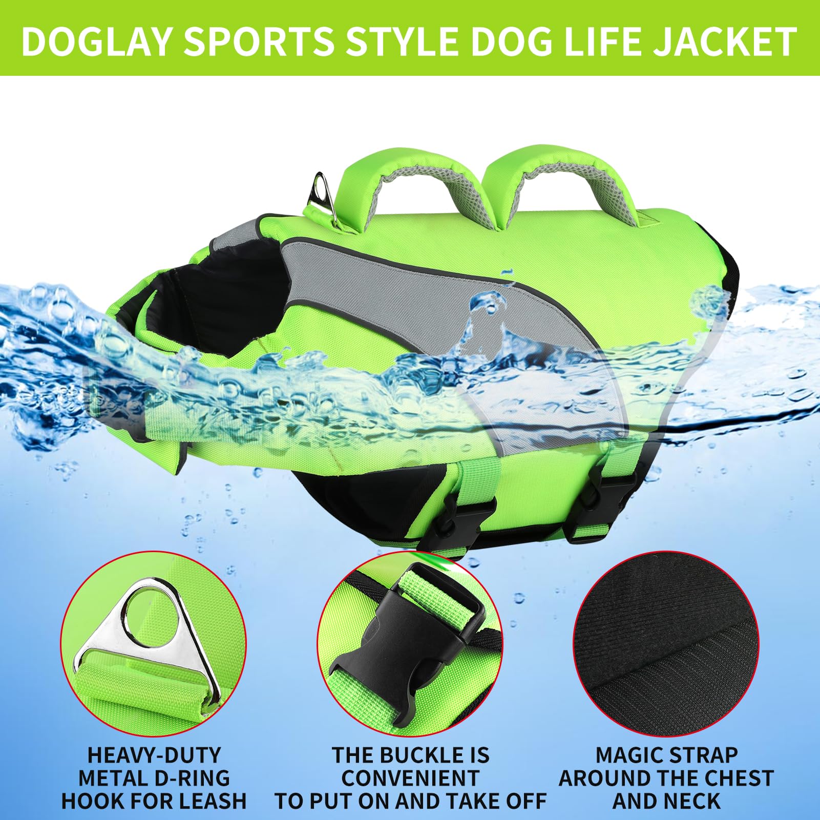 Doglay Dog Life Vest, Dog Life Jacket With Double Rescue Handles And Reflective Stripes, Adjustable High Visibility Swimming Saf