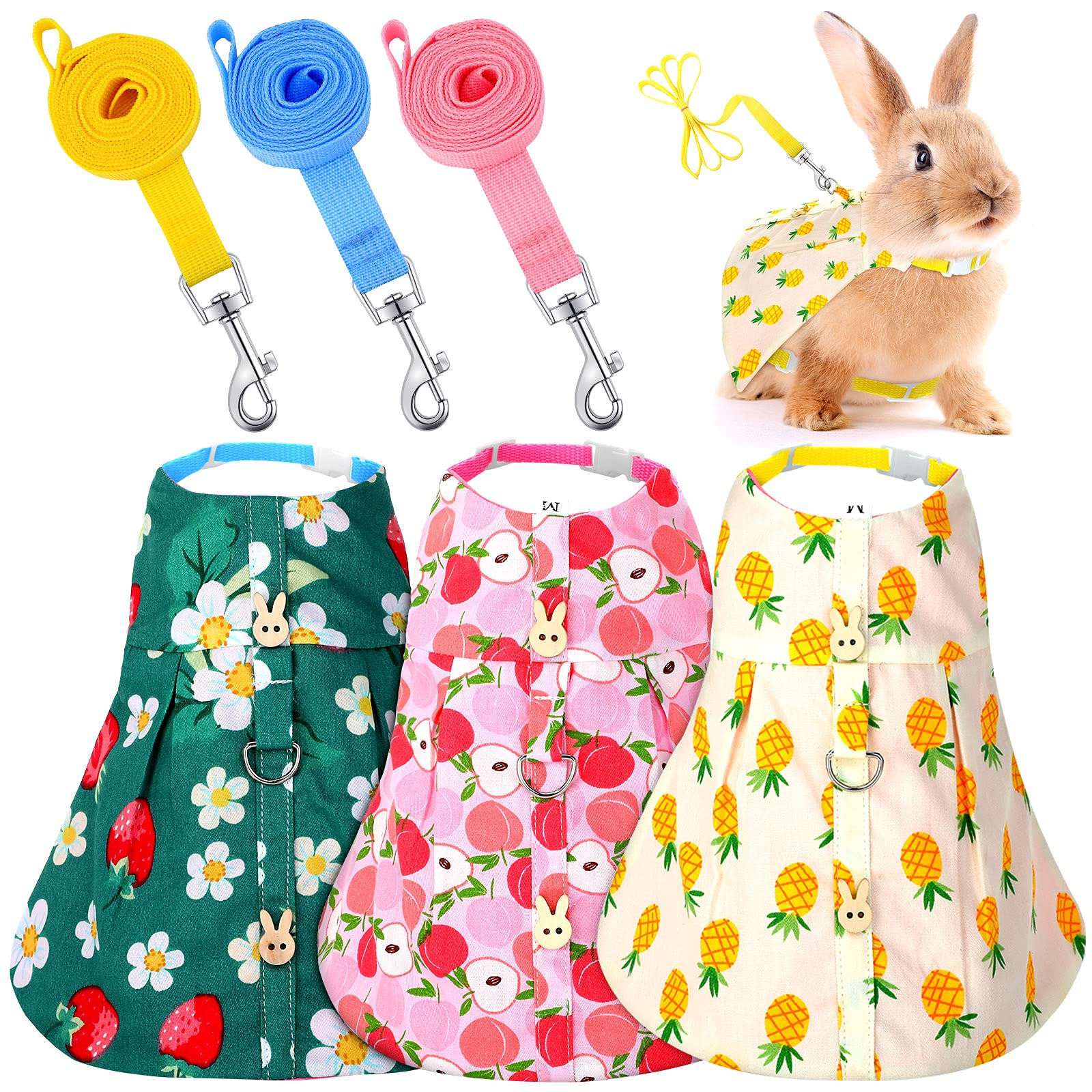 3 Piece Cute Rabbit Leash And Harness Set, Bunny Rabbit Dress Clothes Walking Harness Vest Escape Proof Pet Supply For Rabbit Hedgehog Ferret Guinea Pig (Peach, Pineapple, Strawberry)