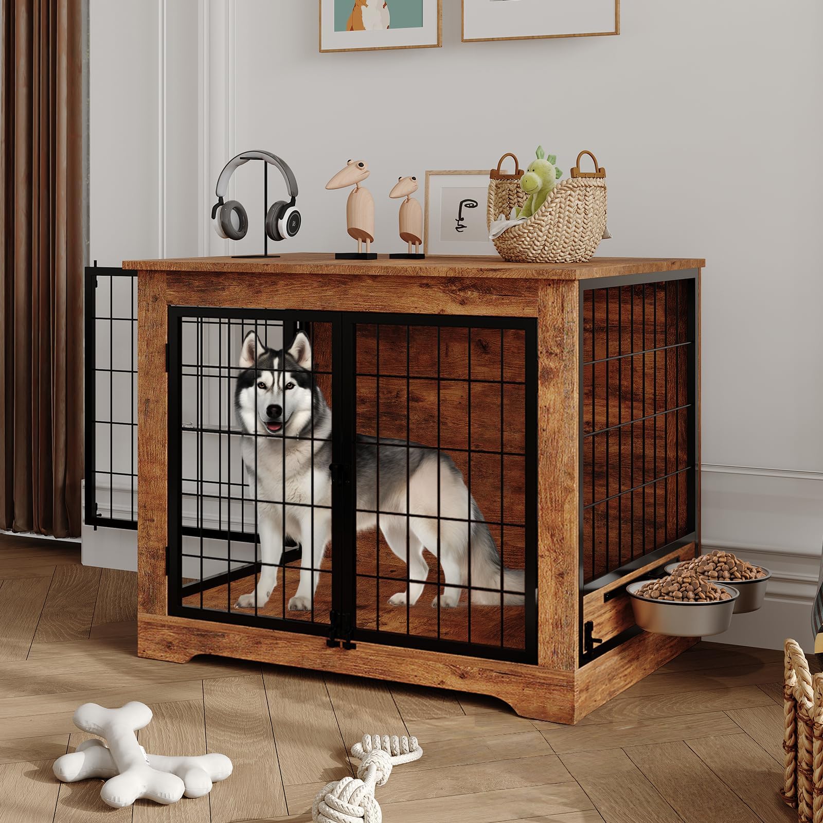 Garvee Dog Crate Furniture, 38 Double Doors Indoor Decor Pet House Cage, Wooden Dog Kennel with 360& Adjustable Raised Dog Bowls