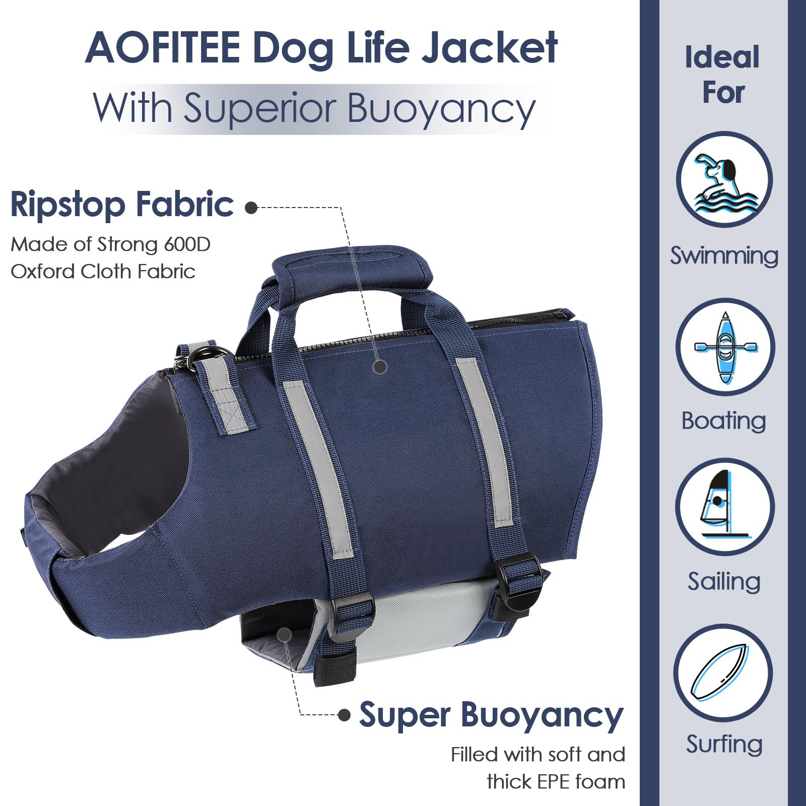 Aofitee Dog Life Jacket High Flotation, Dog Life Vest For Swimming, Reflective Medium Dog Swimming Vest, Adjustable Dogs Swimsui