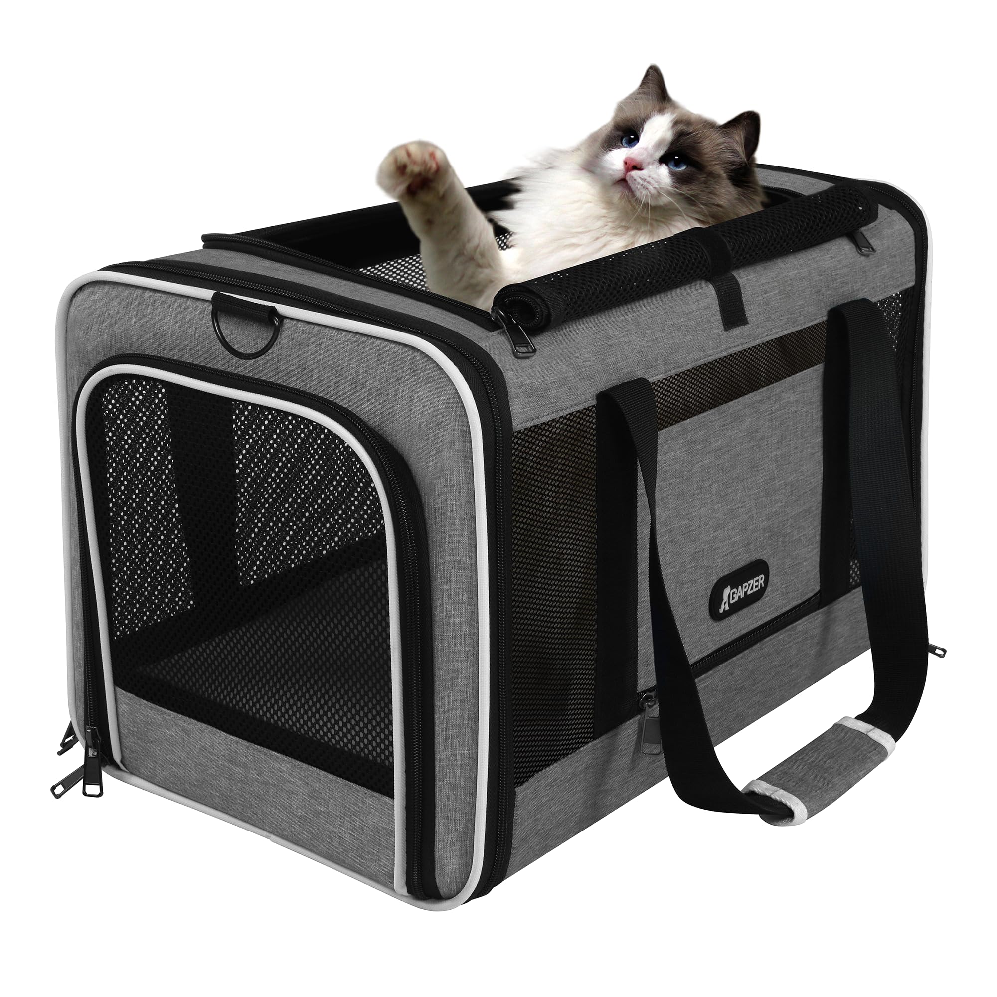 GAPZER Cat Carrier - Collapsible Soft Pet Travel Bag, Grey, Medium, Fits Cats Under 25 lbs, Ideal for Small Dogs and Rabbits