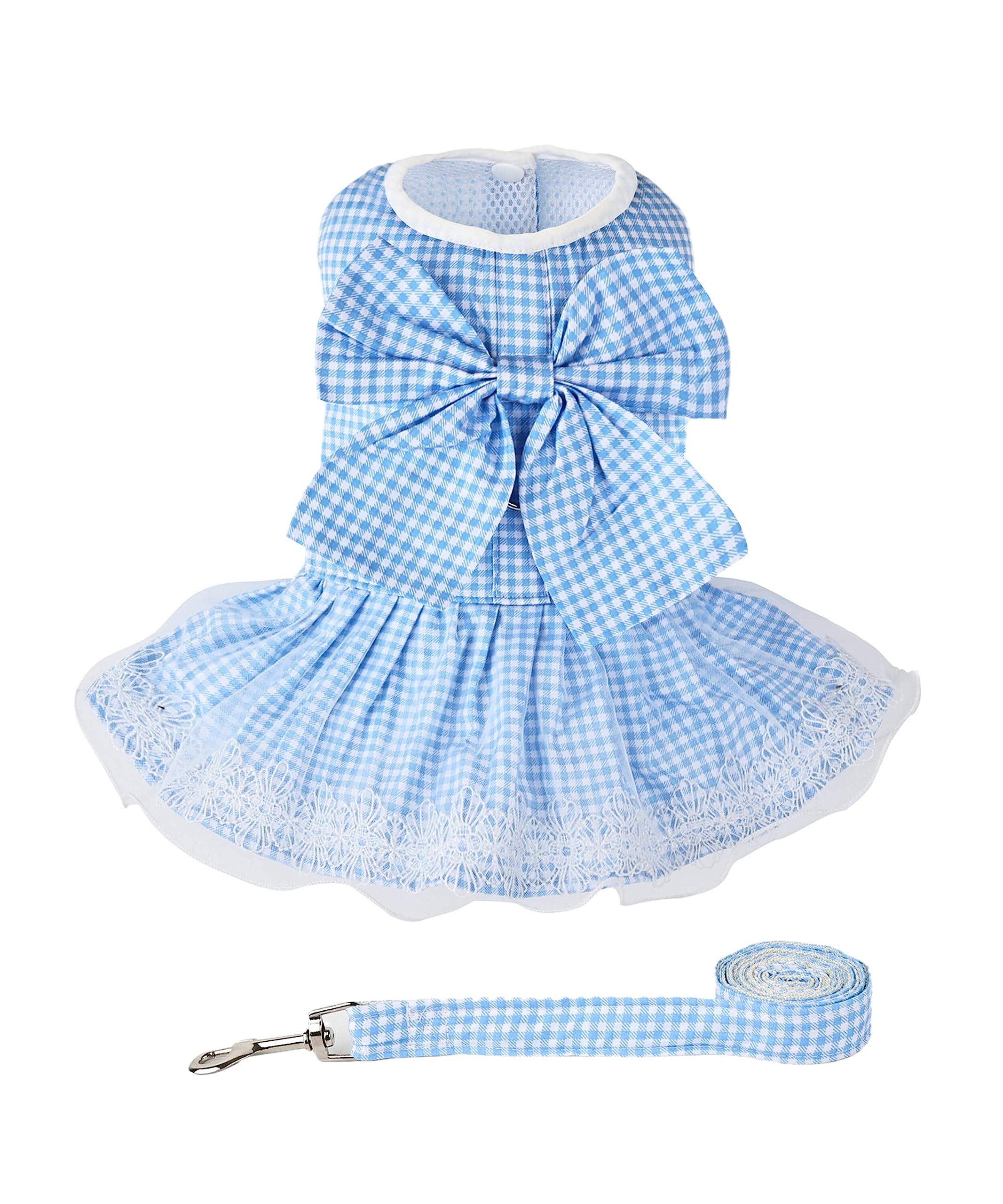 Dog Dress Plaid With Bowknot Cute Dress For Small Dog Cat Puppy Outfits With Harness Leash( Blue