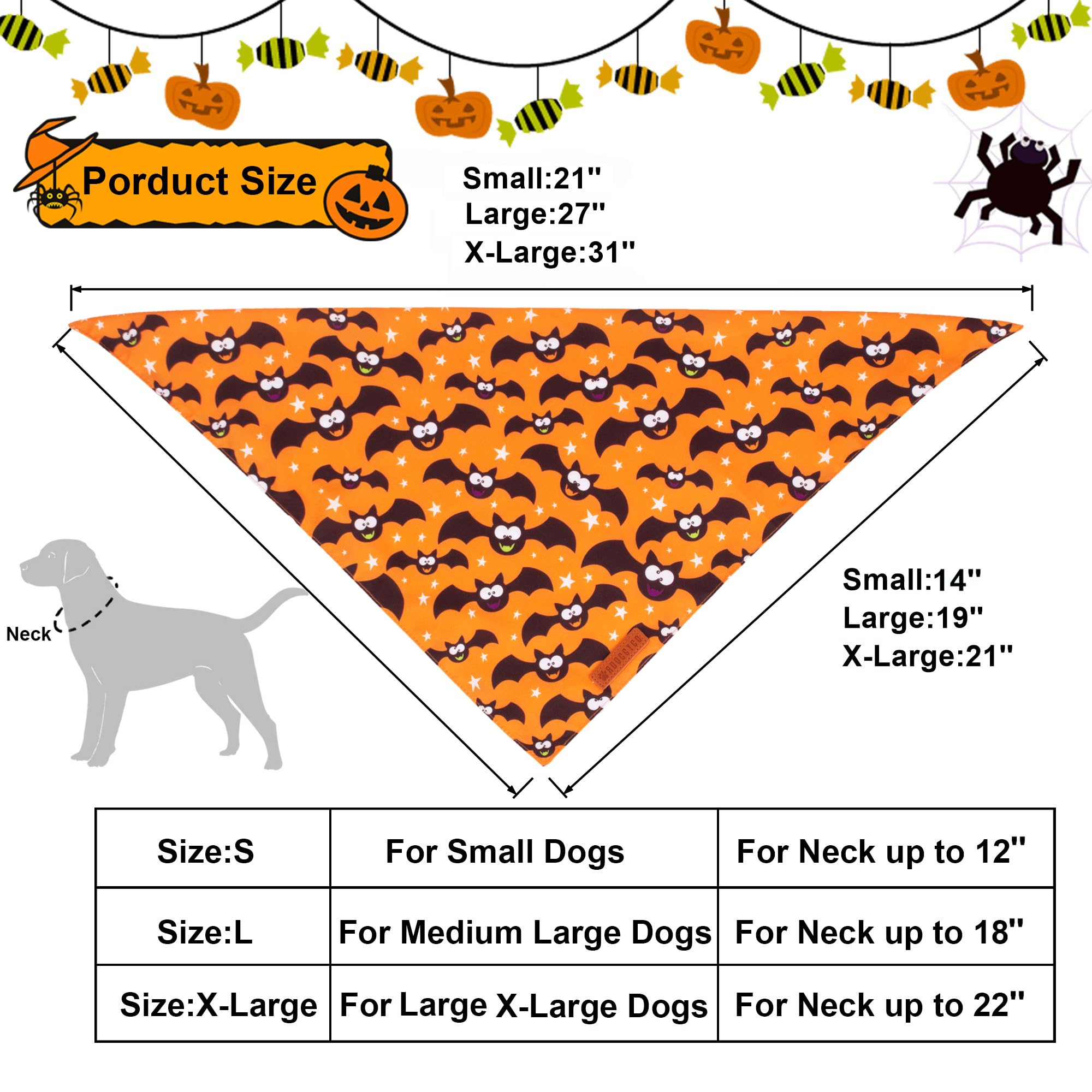 ADOGGYGO Halloween Dog Bandana, Pumpkin Bat Pet Scarf, Premium Durable Fabric, Adjustable Fit Halloween Bandanas for Medium Larg