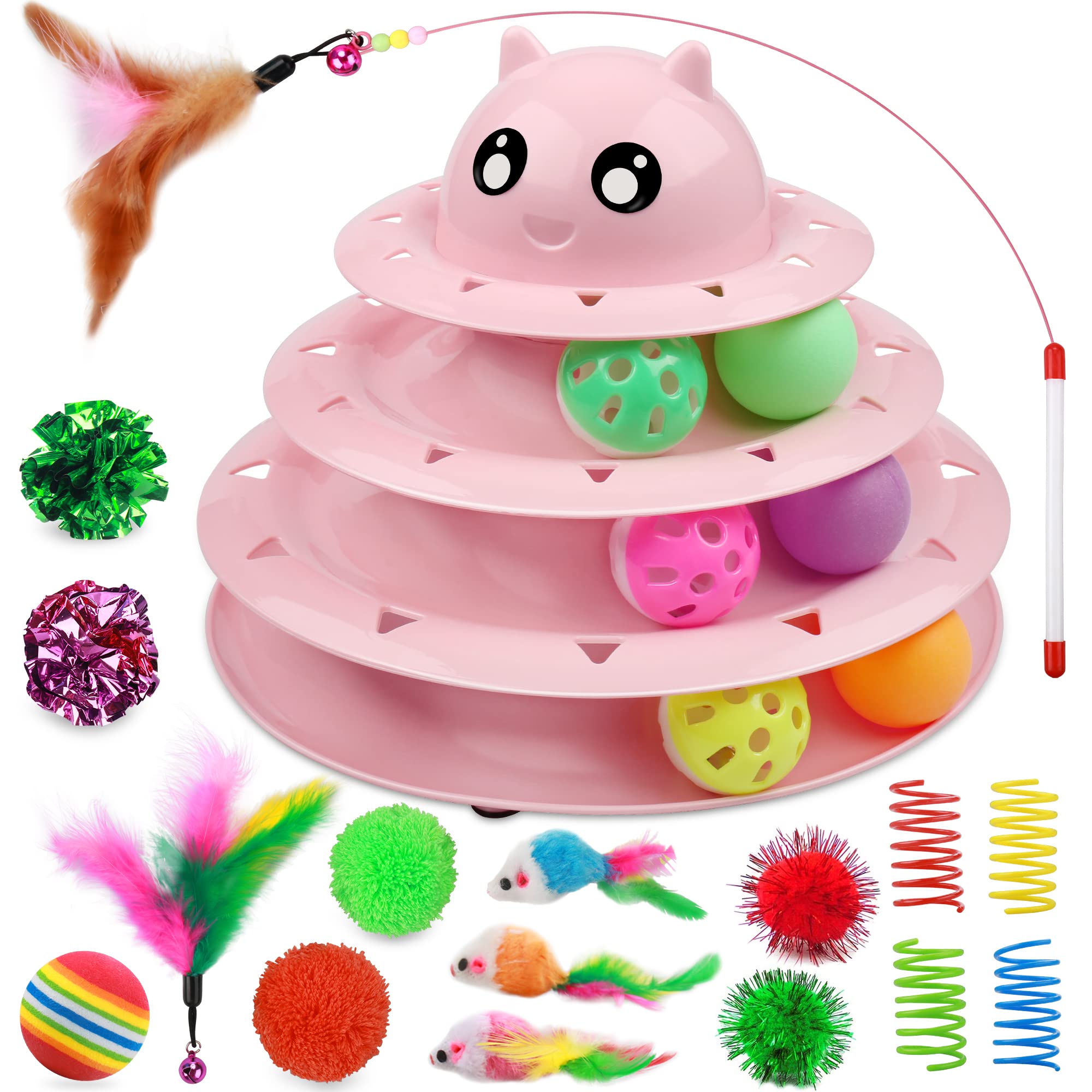 Upsky 20 Pcs Cat Toys, Cat Roller Toy 3-Level Turntable Cat Toys Balls For Indoor Cats, Kitten Toys Set With Cat Teaser Toys, Mi