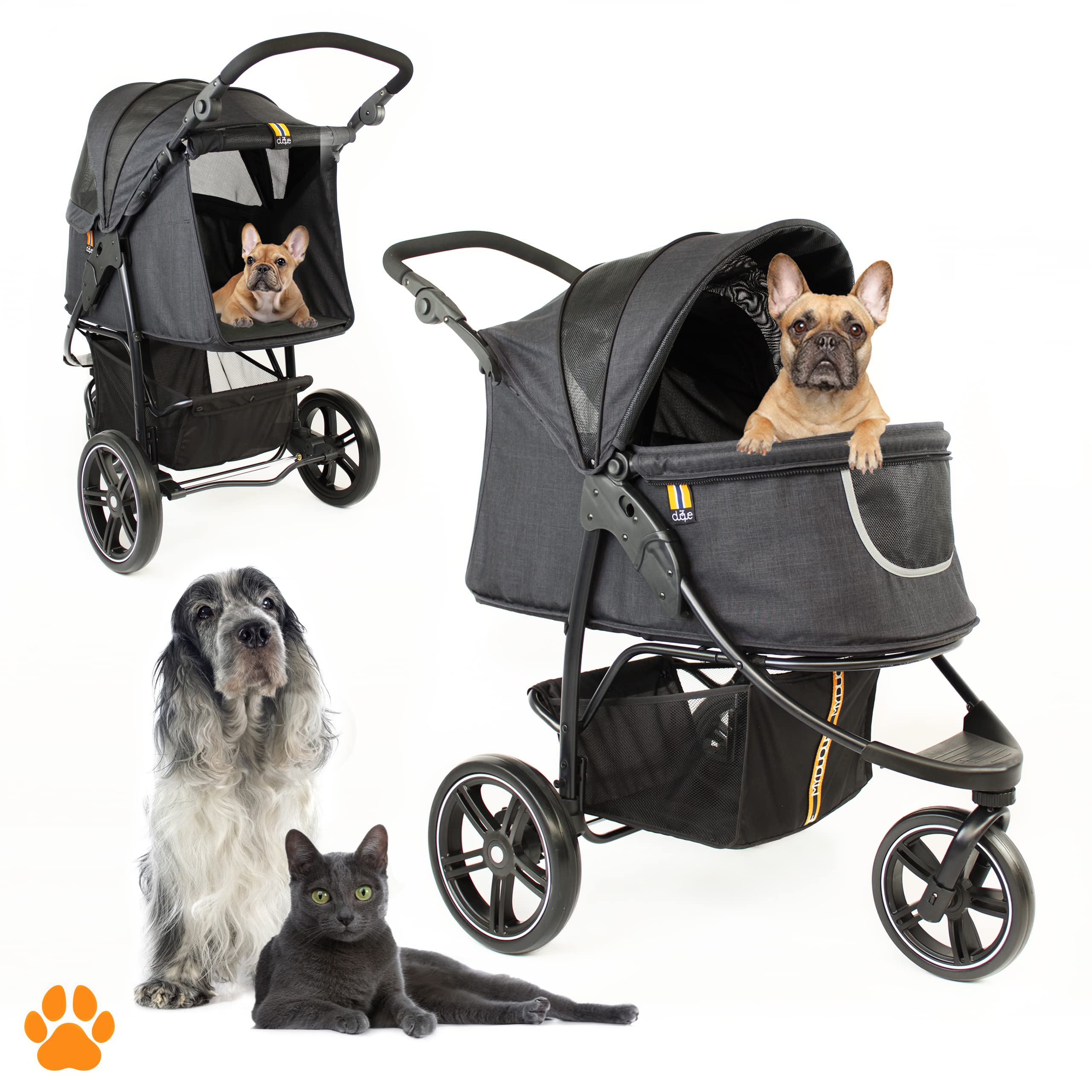 My Duque - Cooper Dog & Pet Robust Buggy, Jogger Holds Up To 32 Kg / 70Lbs, Easy Fold, Multi-Height Adjustable Soft Touch Handle, Reflective Accents, Mesh Inserts, Zippered Exits, Storage Basket Below