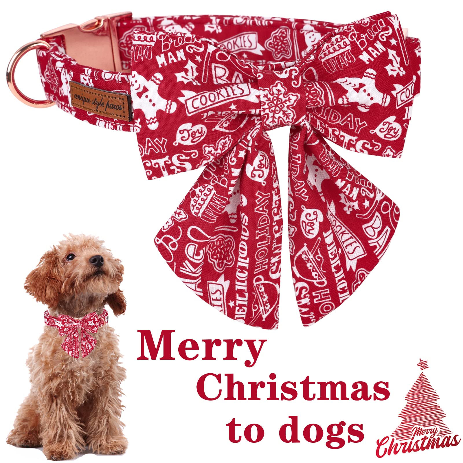 Unique Style Paws Christmas Dog Collar With Bow Tie Gingerbread & Snowman Winter Puppy Collar For Small Medium Large Dogs-Xl