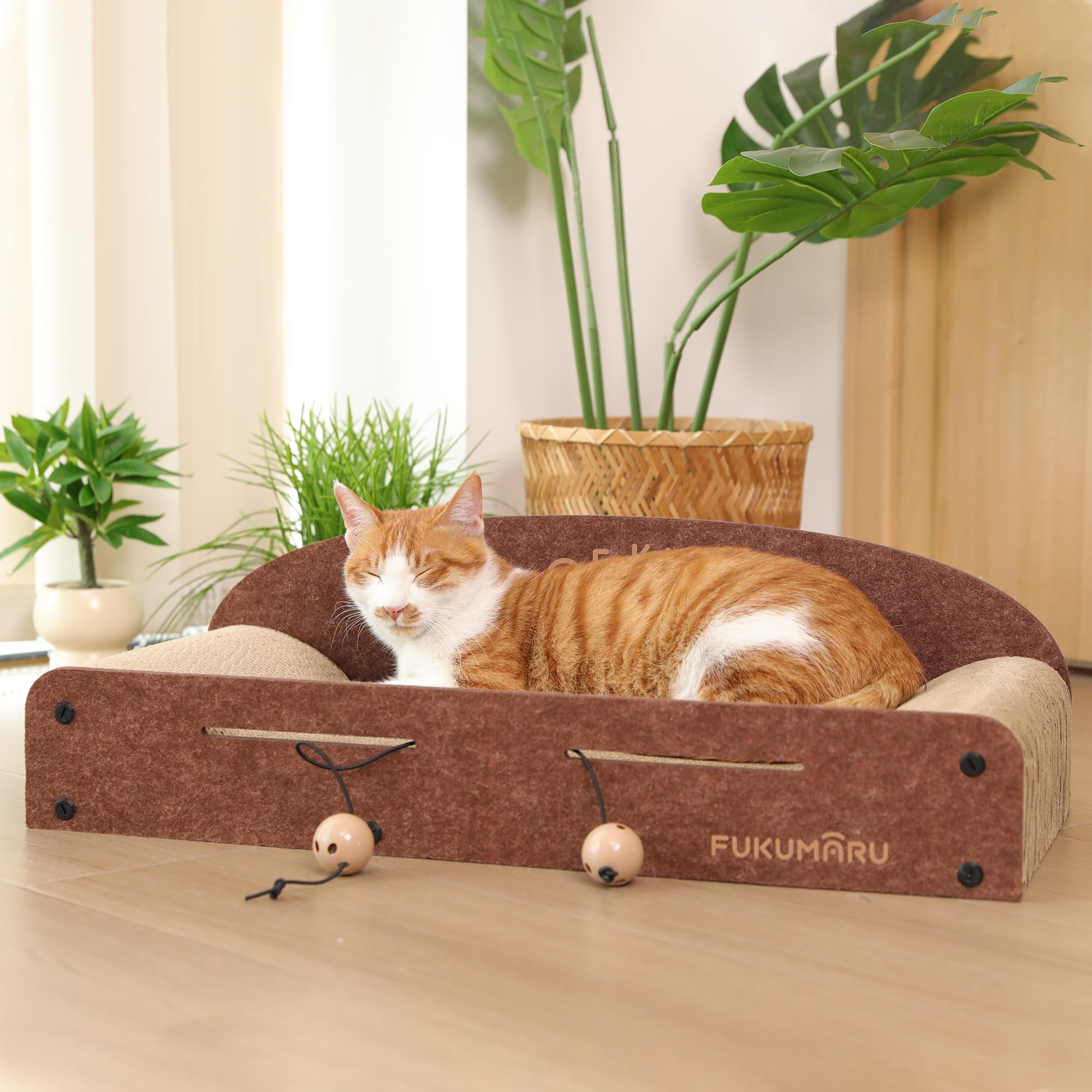 Fukumaru 26 Inch Cat Scratcher Cardboard Lounge Bed, Durable Cat Scratcher Extra Large Lounger, 2 Reversible Cat Scratching Pads