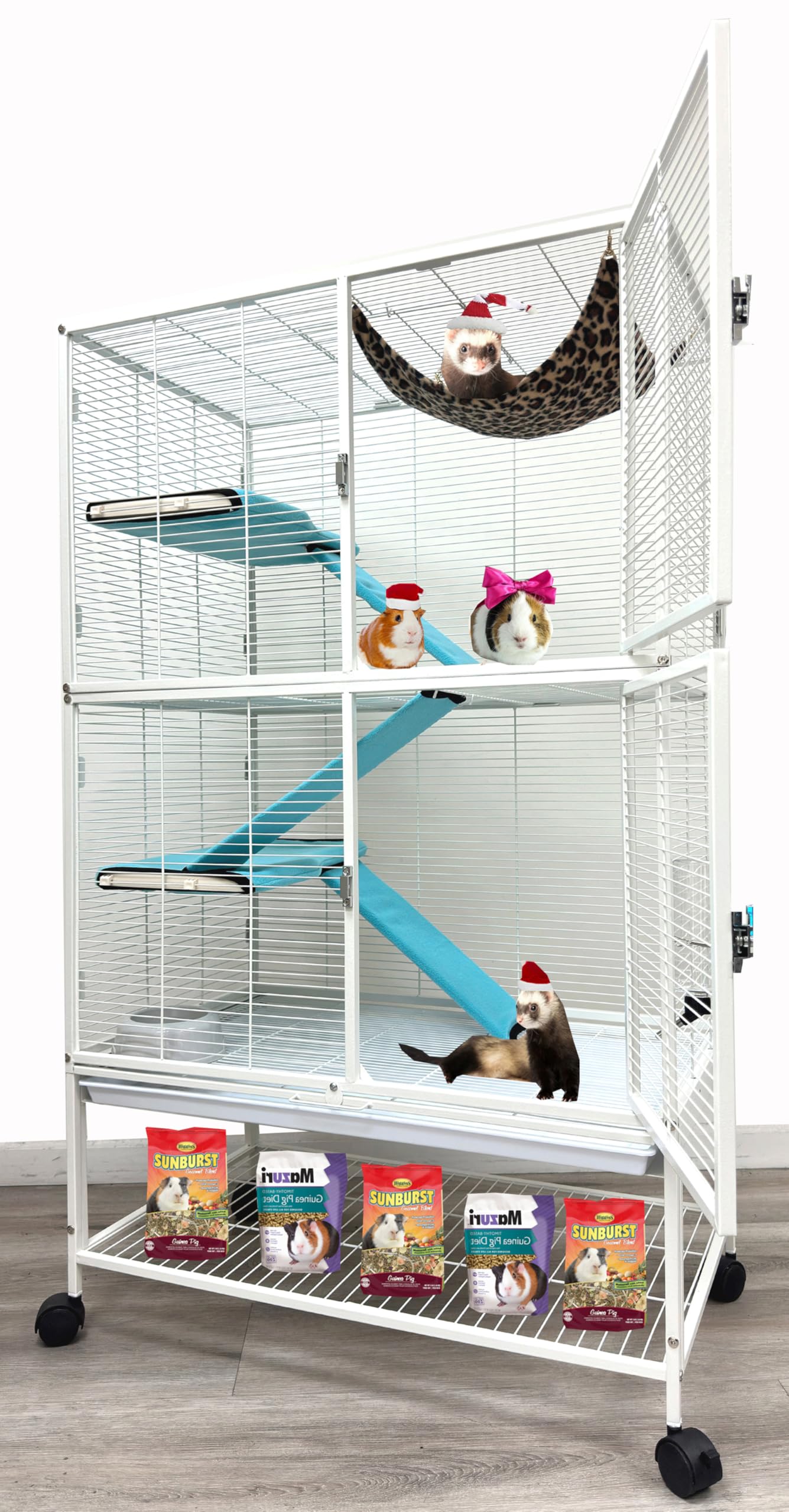 X-Large 31''X18.5''X53.5''H Deluxe Double Unit 4-Tiers Tight 1/2-Inch Bar Spacing Double Large Front Doors Feisty Ferret Squirre