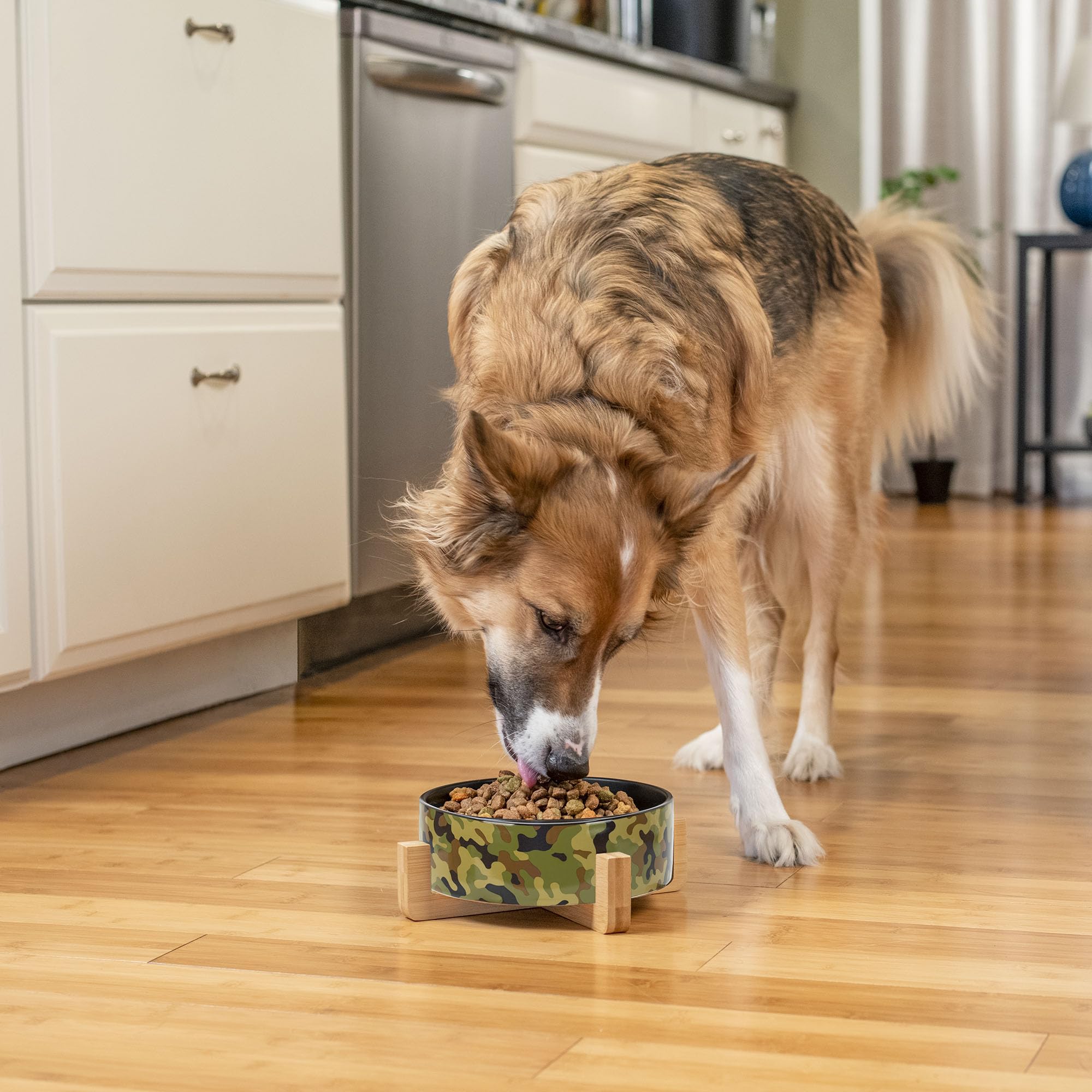 Nat & Jules Large Military Camo 8 Inch Stoneware Ceramic And Wood Pet Bowl With Stand