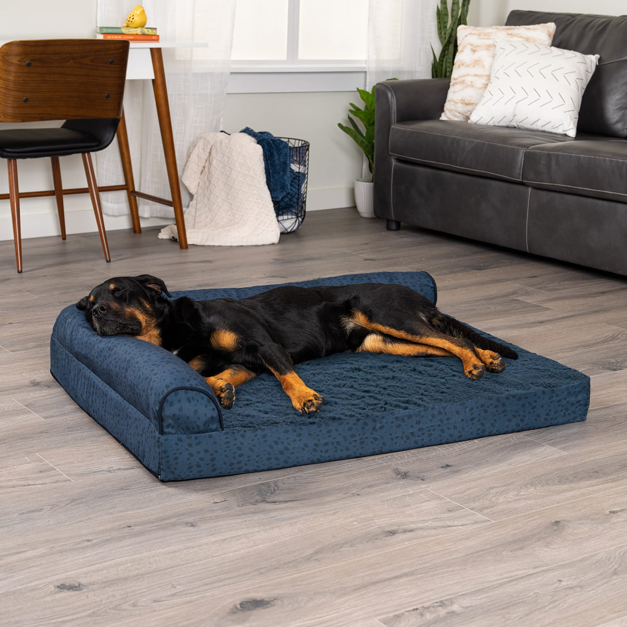 Furhaven Cooling Gel Dog Bed For Large Dogs W/ Removable Bolsters & Washable Cover, For Dogs Up To 95 Lbs - Plush & Almond Print