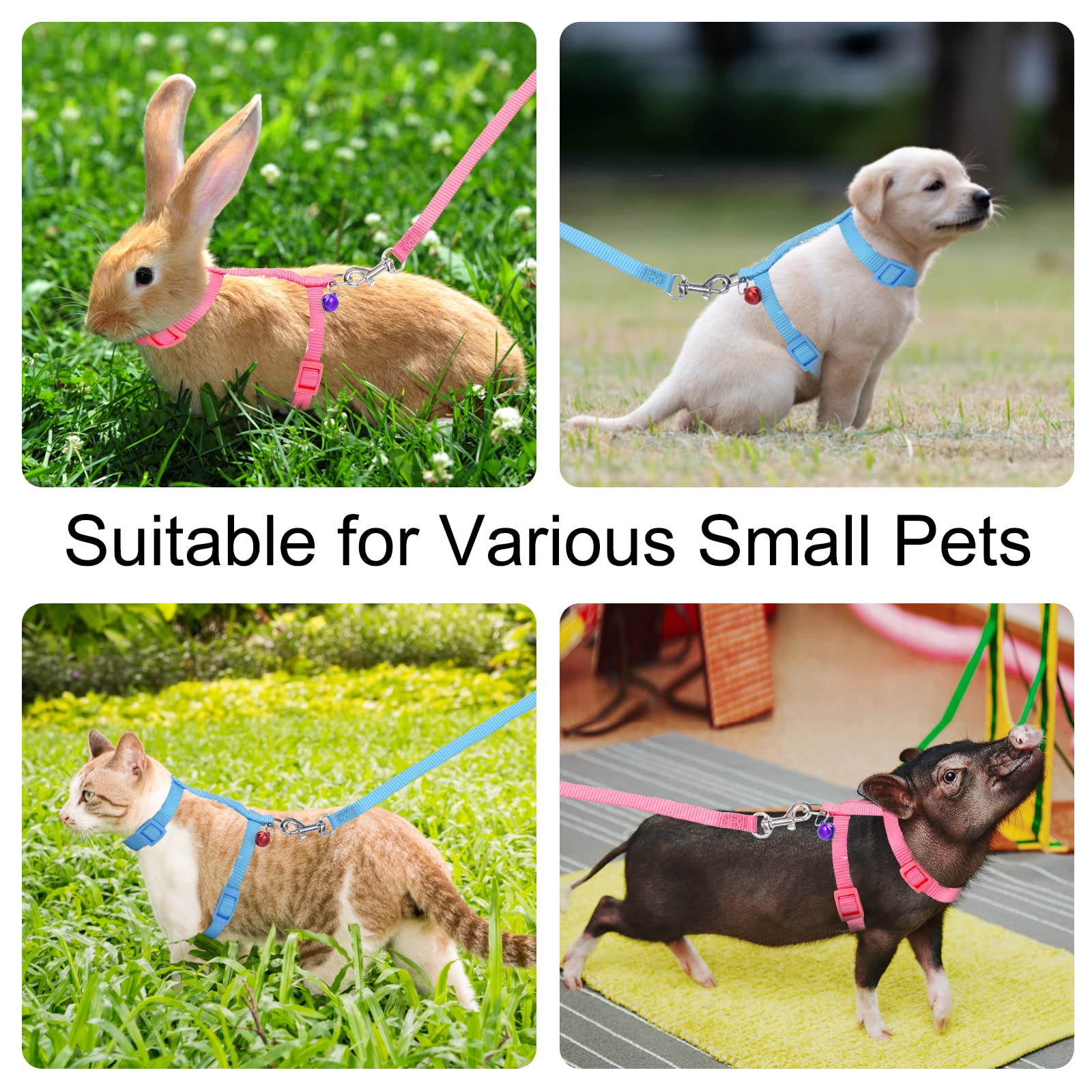 2 Pack Rabbit Harness Leash - Persuper Bunny Cat Leash Adjustable Soft Nylon Small Animal Harness Set For Walking Running Outdoor Use With Safe Bell For Puppy Dog, Pig, Kitten, Ferret, Mini Pet