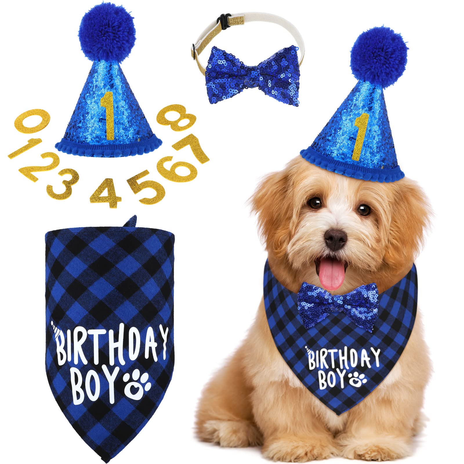 Dog Birthday Party Supplies Birthday Boy Girl Cake Bandana Triangle Scarf Clothes Shirt Cute Dog Hat Dog Bow Tie Collar With 0-8 Numbers For Dog Puppy 1St Birthday Party Outfit(Cute Style)