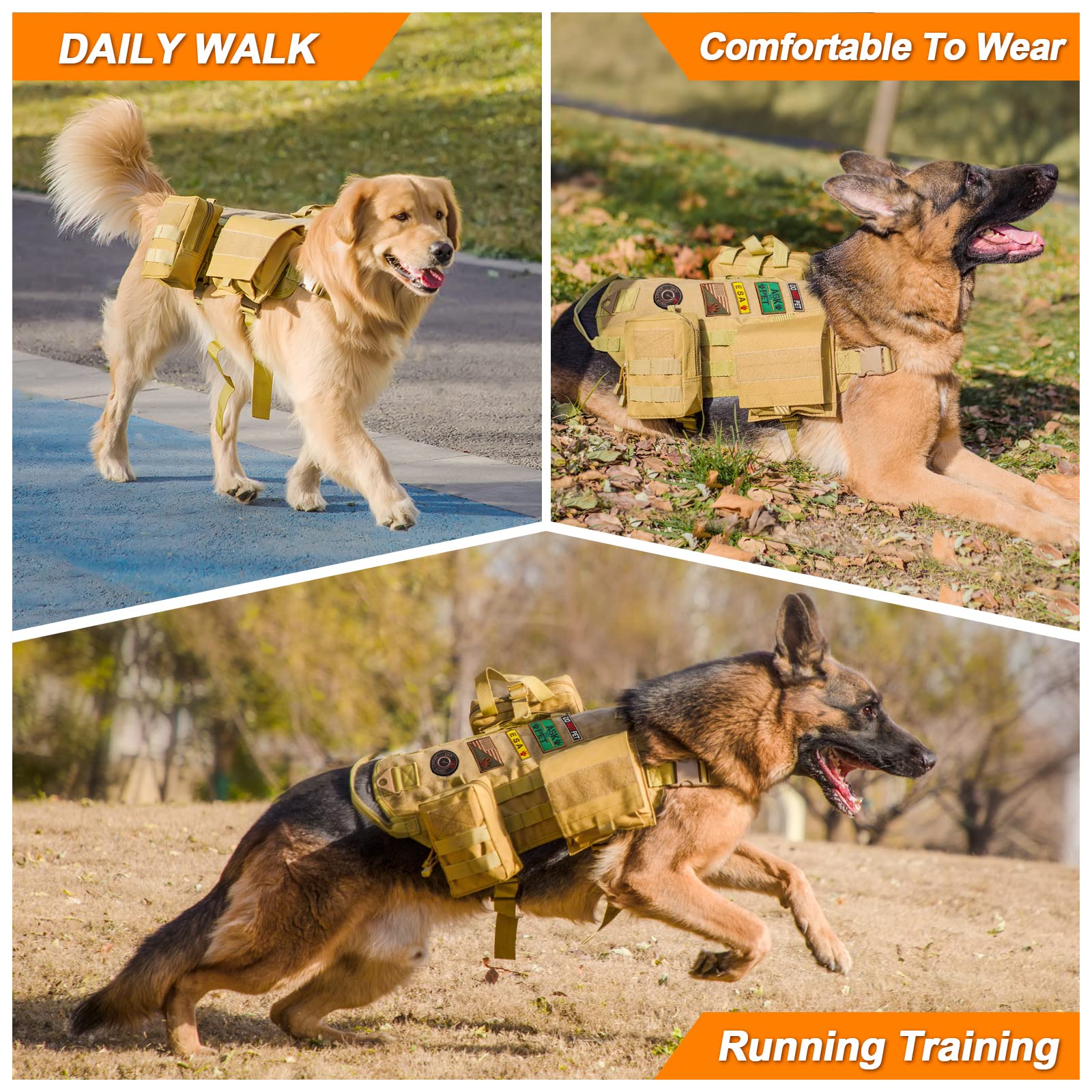 Aiwai Tactical Dog Harness With Pouches,Dog Vest Harness For Large Medium Dogs With Hook & Loop Panels,Adjustable Military Dog Harness With Handle,No-Pull Service Dog Vest For Walking Hiking Training