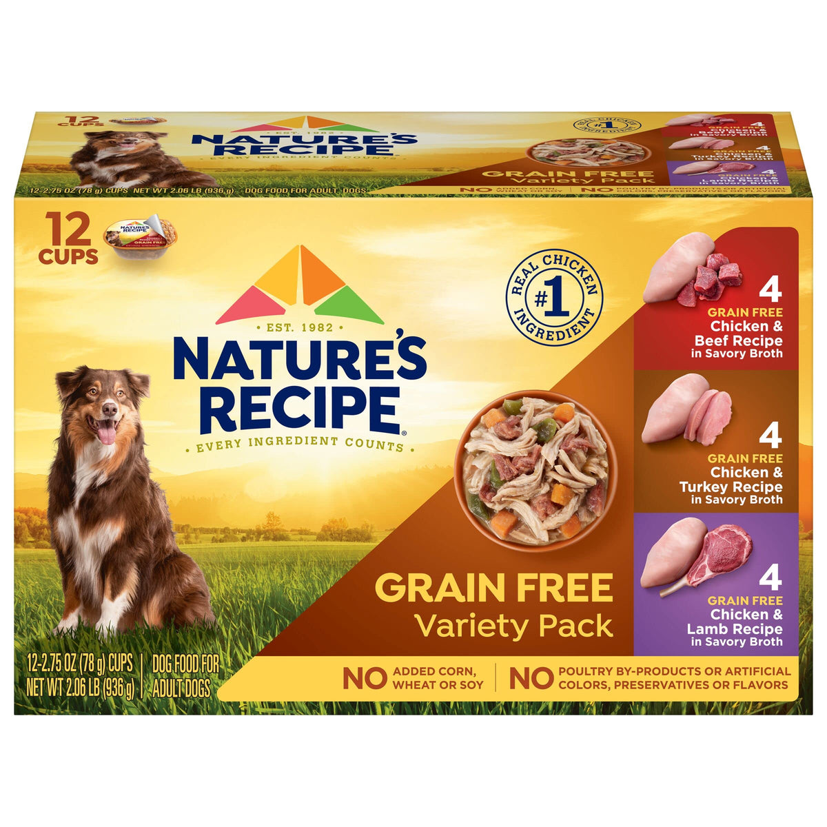 Natures Recipe Grain Free Chicken & Beef Recipe, Chicken & Turkey Recipe And Chicken & Lamb Recipe In Savory Broth Variety Pack 