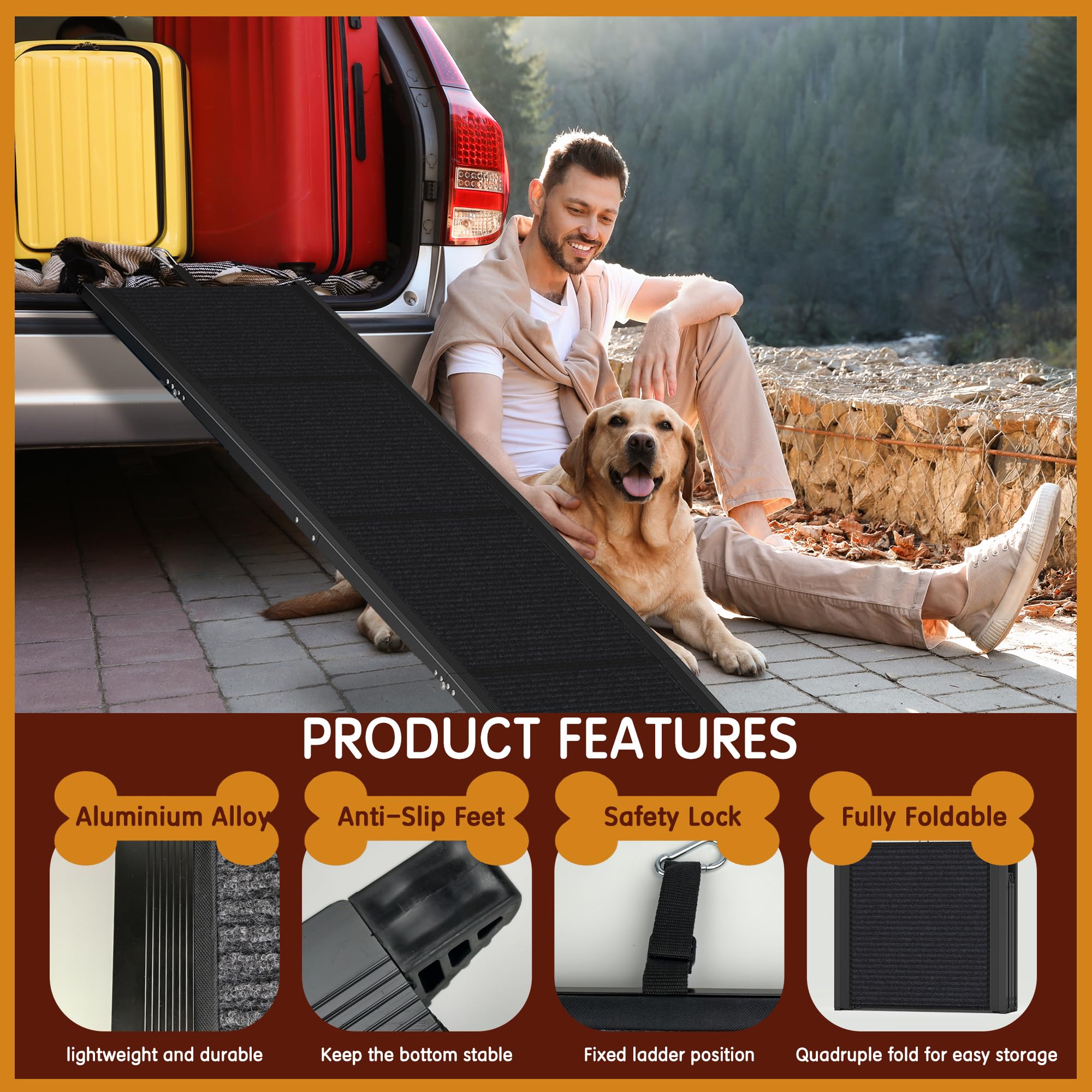 Purrsign Dog Ramp for Car, 67x20 Car Ramp for Large Dogs, Foldable&Portable, with Non-Slip Rug Surface, Extra Wide Dog Car Ramp