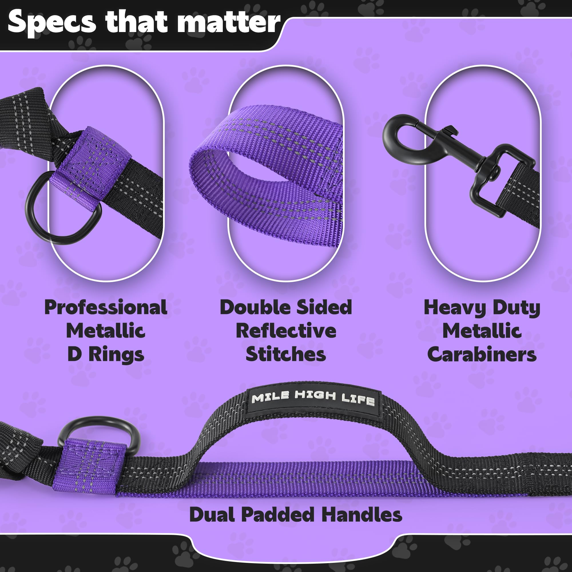 Mile High Life | Retractable Hands Free Dog 7Ft Leash | Waist Running Adjustable | Reflective Dual Black Bungees | Dual Handles | Small Medium Large Dogs | (Purple)
