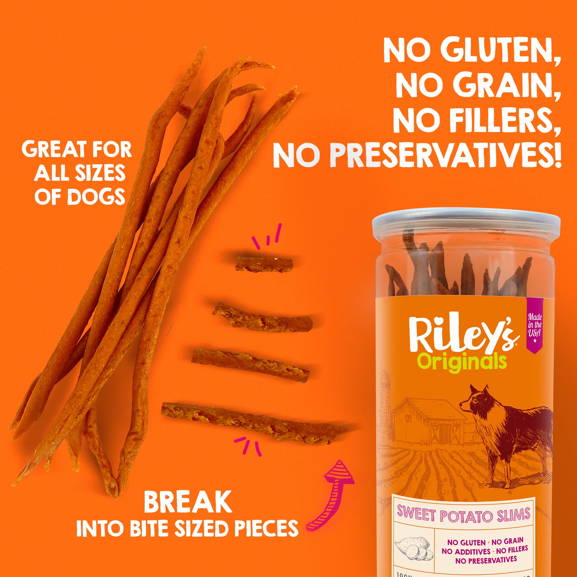 Rileys Slims Dried Sweet Potato Dog Treats - Dehydrated Chews for Dogs - Single Ingredient USA Sourced Made in The USA - 7.5 oz