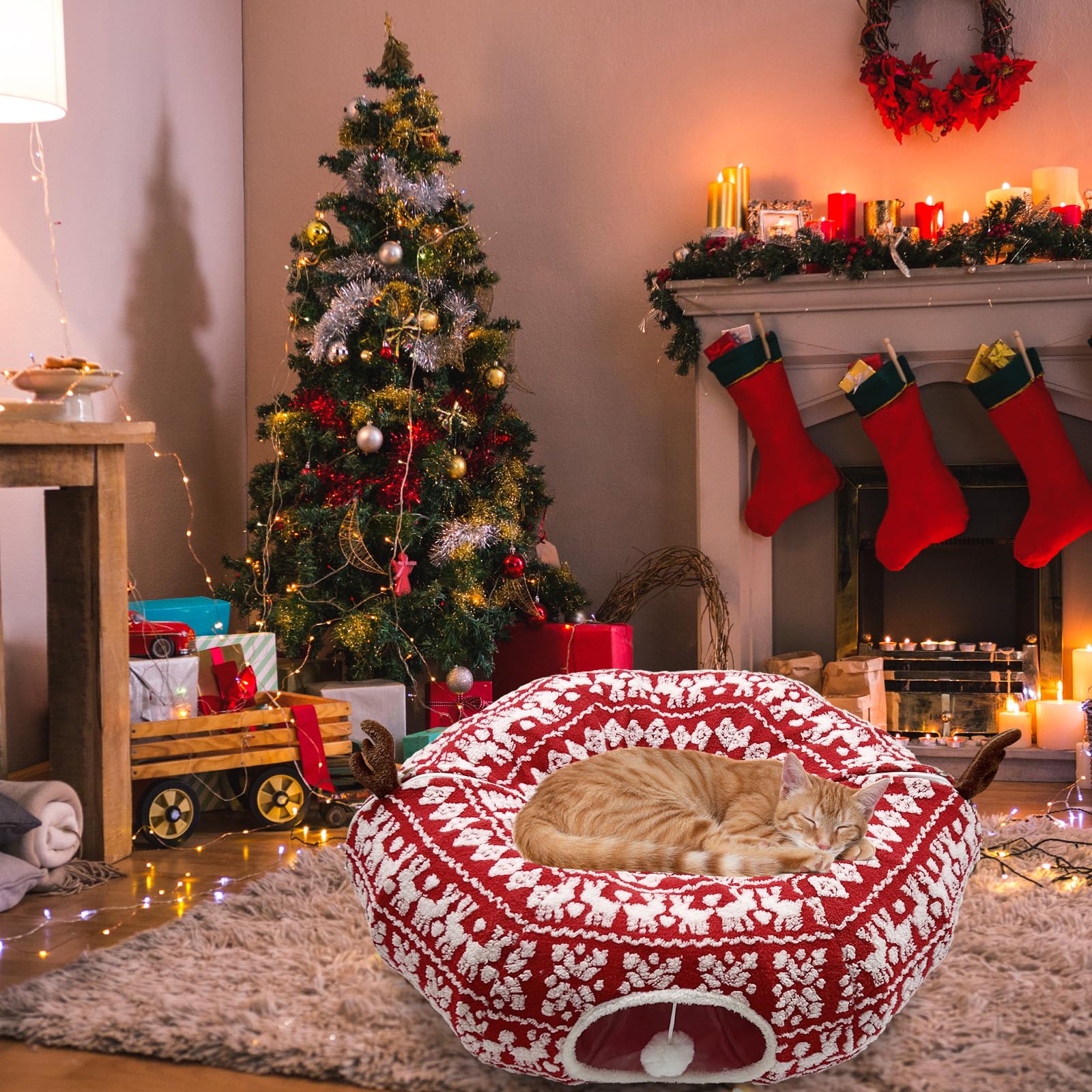 Cat Donut Tunnel for Christmas Tree - Warm Soft Cat Tube Christmas Tree Skirt, Christmas Themed Patterns Cats Red Tunnel Bed wit